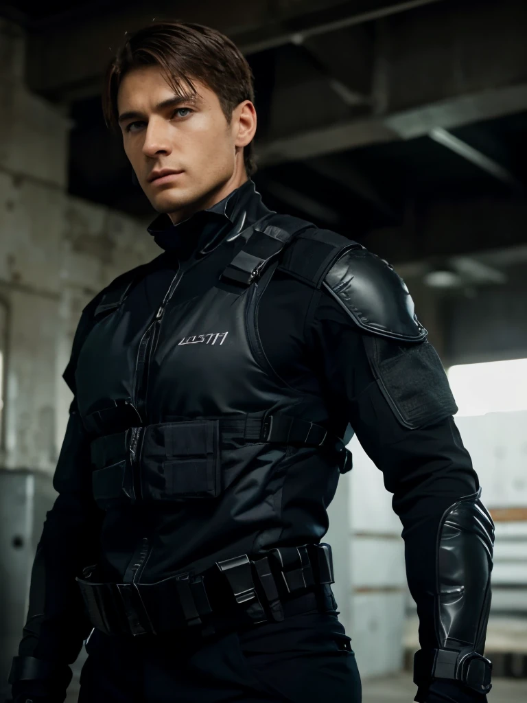 Claro, here is a physical description of Leon Scott Kennedy in the black tactical suit:
Leon Scott Kennedy is a man with an athletic appearance and short brown hair.. With his piercing blue eyes and his square jaw, radiates determination and courage. En su rostro, se pueden ver las marcas de las duras batallas que ha enfrentado.
He wears a tight black tactical suit that highlights his muscular figure.. The suit is equipped with strategically placed pockets and accessories, which shows your preparation for any situation. He wears a bulletproof vest that provides additional protection and is armed with a Russian AK 74 rifle..
Leon se mueve con agilidad y confianza, mostrando su destreza en el combate. His upright posture and determined look reflect his determination to face the dangers that come his way..cuerpo completo.