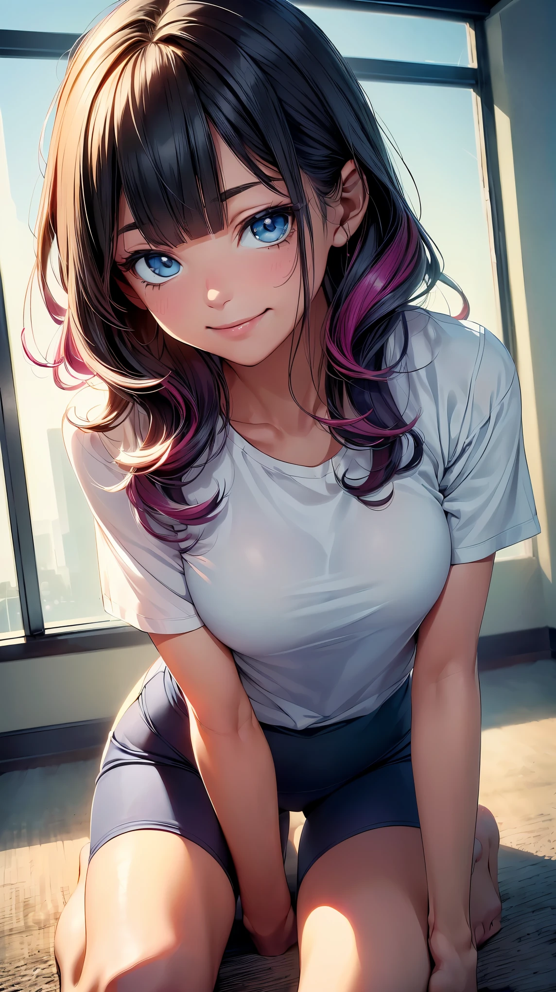 (8K, RAW photo, 最high quality, masterpiece:1.2), High-definition RAW color photo, Professional photo shoot, cinematic light, alone, (((young woman))), (Sharp features), (small face), (high detail skin:1.2), clavicle, cute face, beautiful appearance, long eyelashes, (rainbow colored hair, blue eyes), beautiful breasts, (slim body shape:1.4), very detailed顔と肌の質感, fine eyes, double eyelid, look sideways, in motion, ((shortcut, long bangs on one side, asymmetrical bangs, One eye hides, wavy hair)), slender body, ((open your mouth and smile:1.2)), big breasts, normal hip joint, cowboy shot, (((Kneel facing forward:1.2, Composition from directly below, super low angle:1.5, spread your legs:1.2))), (((round neck white training shirt:1.5, navy blue bloomers:1.5, Seductive thighs))), classroom background, staring eyes, beautiful skin, shiny skin, perfect fingers, five fingers, anatomically correct, background bokeh, high quality, surreal, bright colors, ((very detailed, photo shoot)),