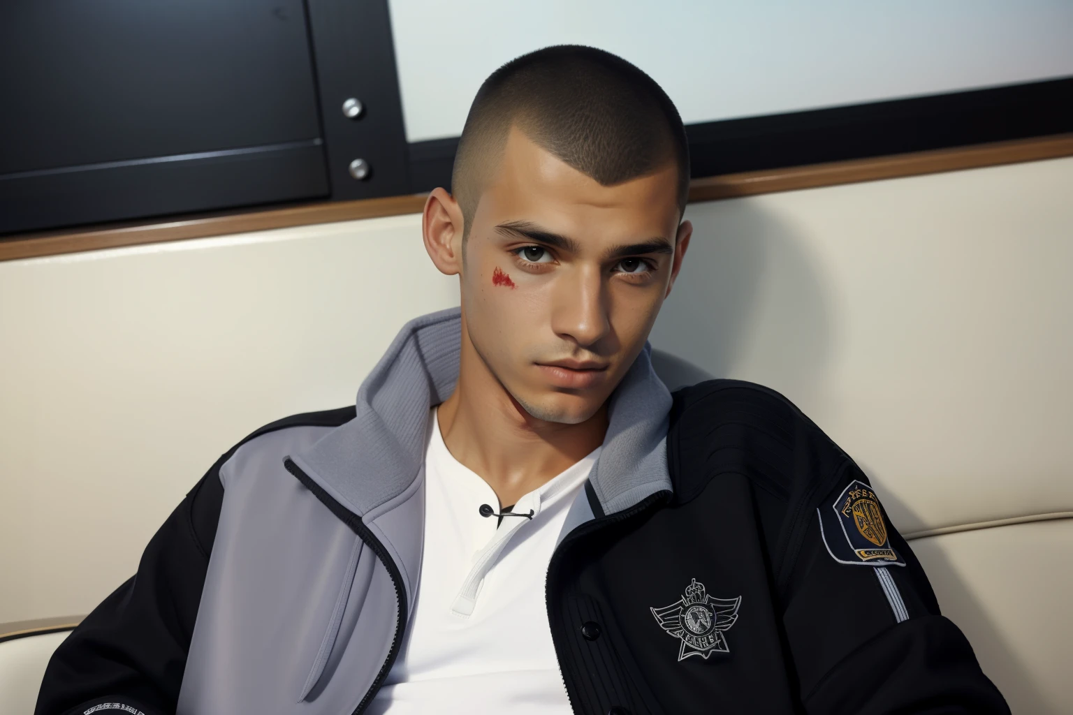 Huelva, Spain, 2002. ((((17-year-old)) Lorenzo)), pale, skinny, sharp facial features, in a police station, sitting on a chair, drunk, bloody nose, bruised, black eye. ((((casual clothings from the 2000s, black sweat jacket)))), ((buzz cut hair))