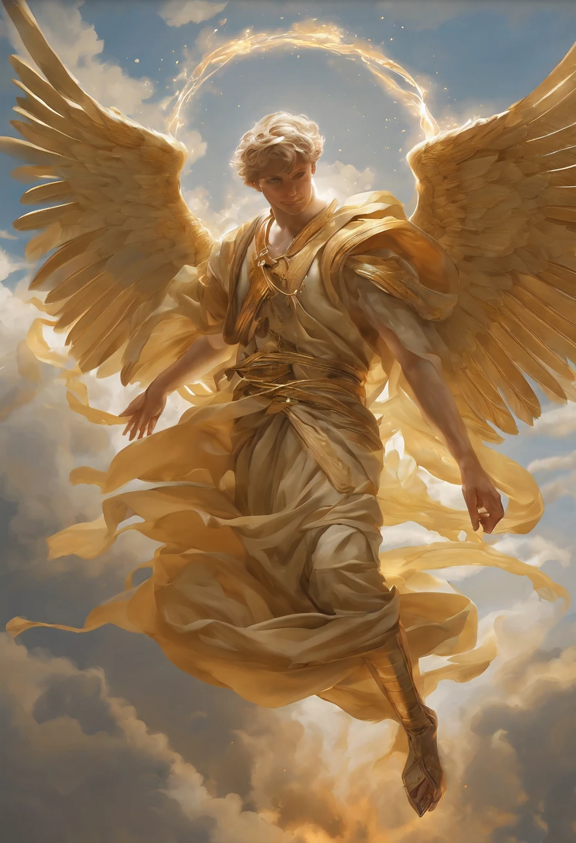 I looked with winged angels, and there was a man dressed in linen, and his loins were girded with a belt of gold from Ufas. His body was like topaz, his countenance shone like lightning, his eyes were like burning torches, his arms and legs shone like polished brass, and the sound of his voice was mighty and fire was in his hands