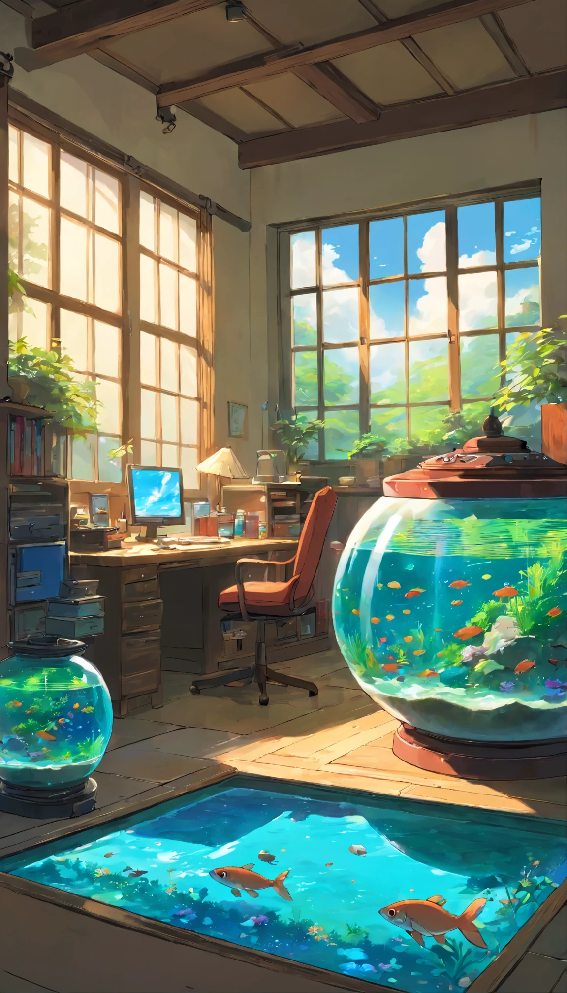 anime scene of a room with a fish tank and a desk, a digital painting by Kobayashi Kiyochika, pixiv contest winner, conceptual art, detailed scenery —width 672, detailed scenery, anime background art, anime nature, beautiful detailed scene, beautiful anime scene, beautiful anime scenery, studio ghibli art style, anime scenery, ghibli art style