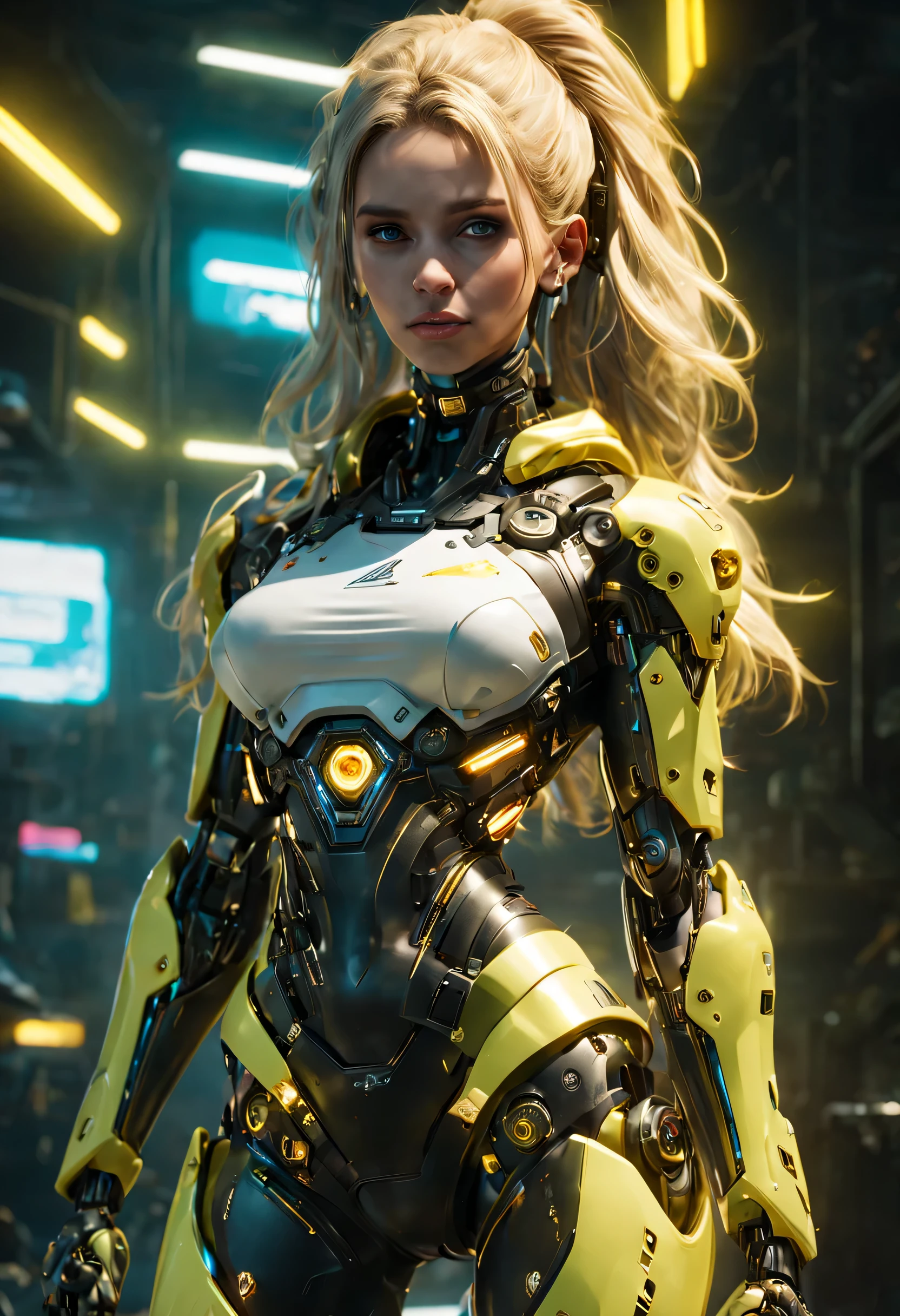 Photorealistic picture of a young girl, she looks like a charakter from cyberpunk 2077, she has a long blond hair and blue glowing eyes. Her curvy body has perfect proportions and her arms are made of metal, she has robotic hands. Show me her full body, with long beautiful legs full hips and head with messy hair, smooth skin, smooth belly