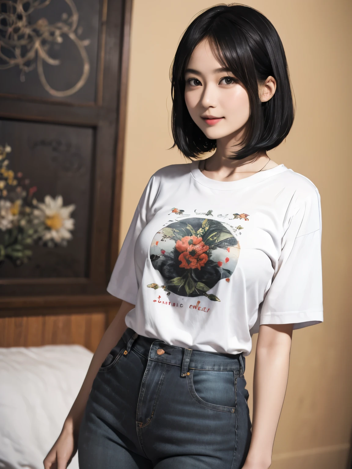 155
(Black Shorthair:1.46), (a 20 yo woman), (A hyper-realistic), (Masterpiece), (8KUHD), (gentle smile), Slender waist, Wearing jeans, ((Floral Clothing - T-Shirts)), Wearing long pants, abstract painting, (doodle:1.46), (large breasts with good shape), (口紅)