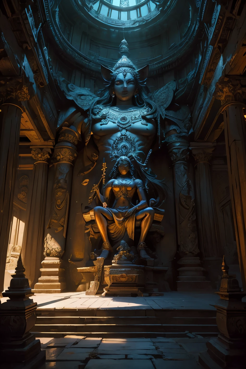 ((Masterpiece)), ((Best quality)), ((Amazing detail)), ((Illustration)), ((A high resolution (16K))),
Lord Shiva in an ancient temple cave on Mount Kailash,
Surrounded by intricately carved sculptures of Hindu gods and goddesses,
Backlit by the setting sun, casting long shadows,
Chiaroscuro playing on his wrinkled, lean frame,
Cyberpunk elements fused with mecha and metal material,
Neon lights flickering on dusty temple walls,
Perspective from below, capturing the grandiosity of his pose,
Dark fantasy atmosphere with an overcast sky,
Realistic and phot