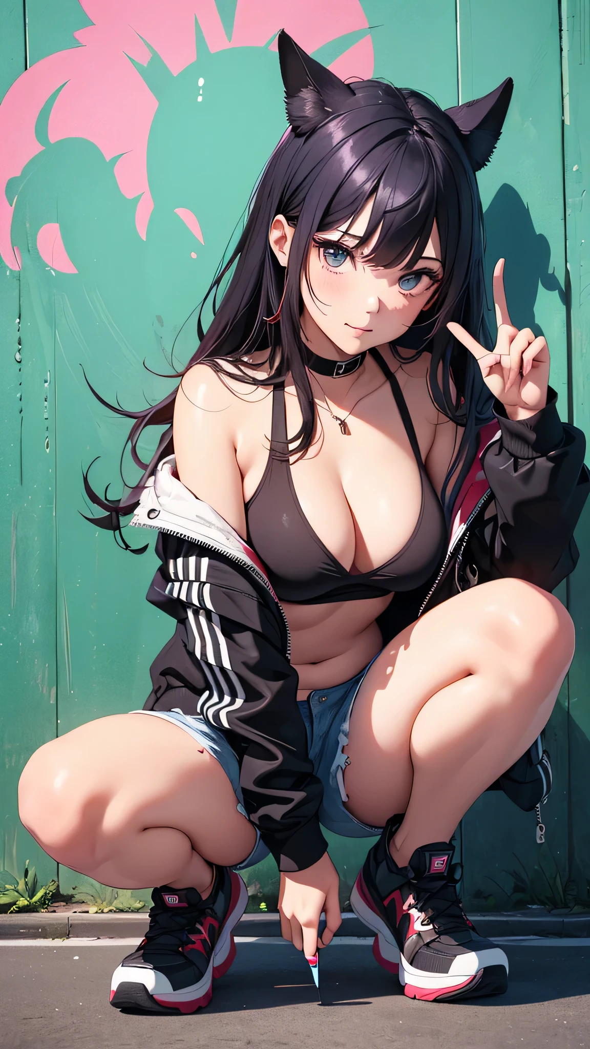 最high quality、best image quality、masterpiece、age girl((18-year-old、 By becoming、vest bust、medium bust,wide open breast tea、black eye, purple and red hair、Habitual hair、long hair、thin,highest valley、navel black tank top、blue shorts、Holding a spray can、smug face、peace sign、paint跡、black jacket、squat、open your legs、black mask)),high quality、beautiful art、background((Bright city、wall、graffiti、paint、Hawaii、Waikiki))debris flies、Depth of written boundary、movie、visual art、perfect art、8K,genuine