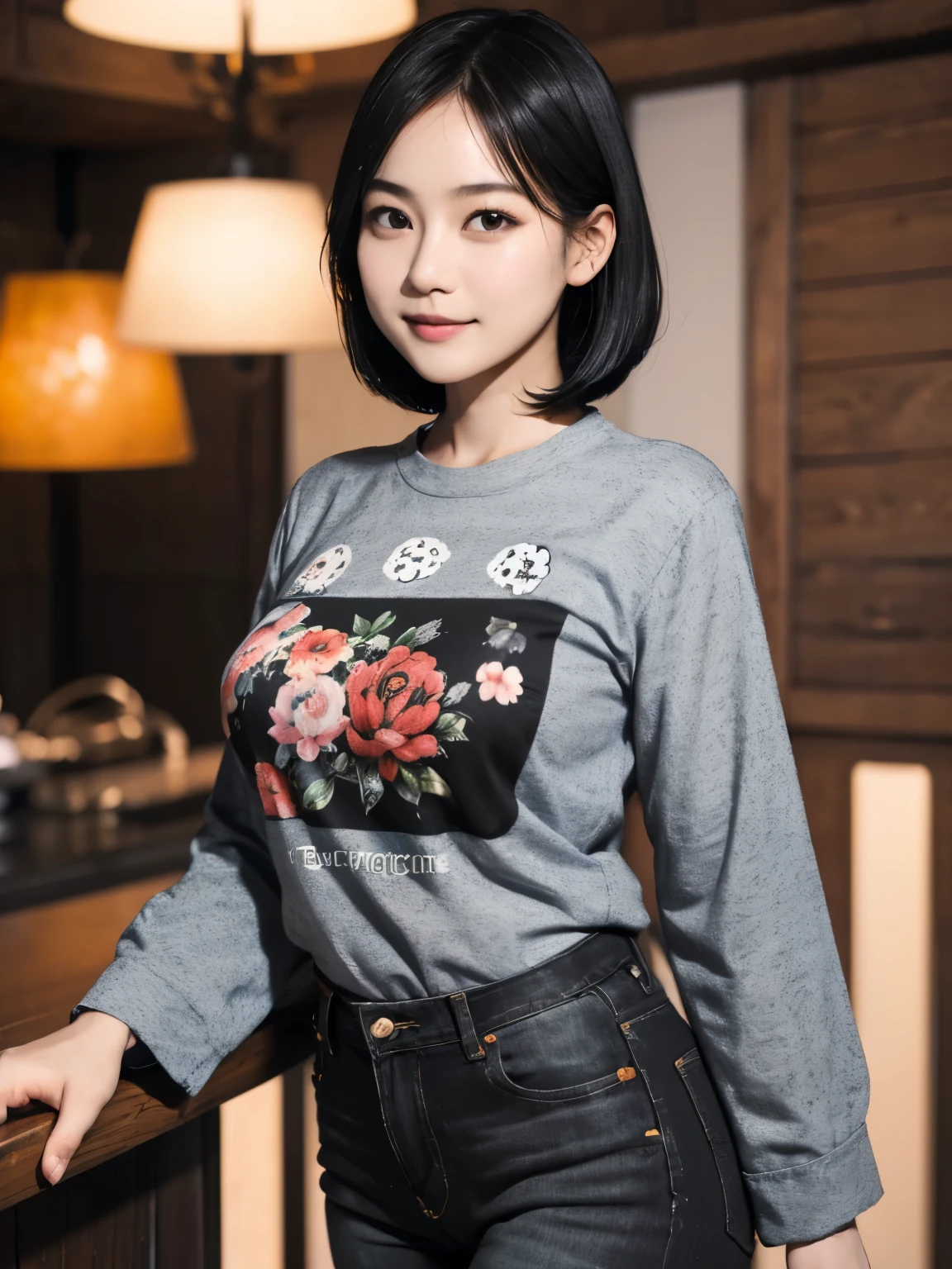 155
(Black Shorthair:1.46), (a 20 yo woman), (A hyper-realistic), (Masterpiece), (8KUHD), (gentle smile), Slender waist, Wearing jeans, ((Floral Clothing - T-Shirts)), Wearing long pants, abstract painting, (doodle:1.46), (large breasts with good shape), (口紅)