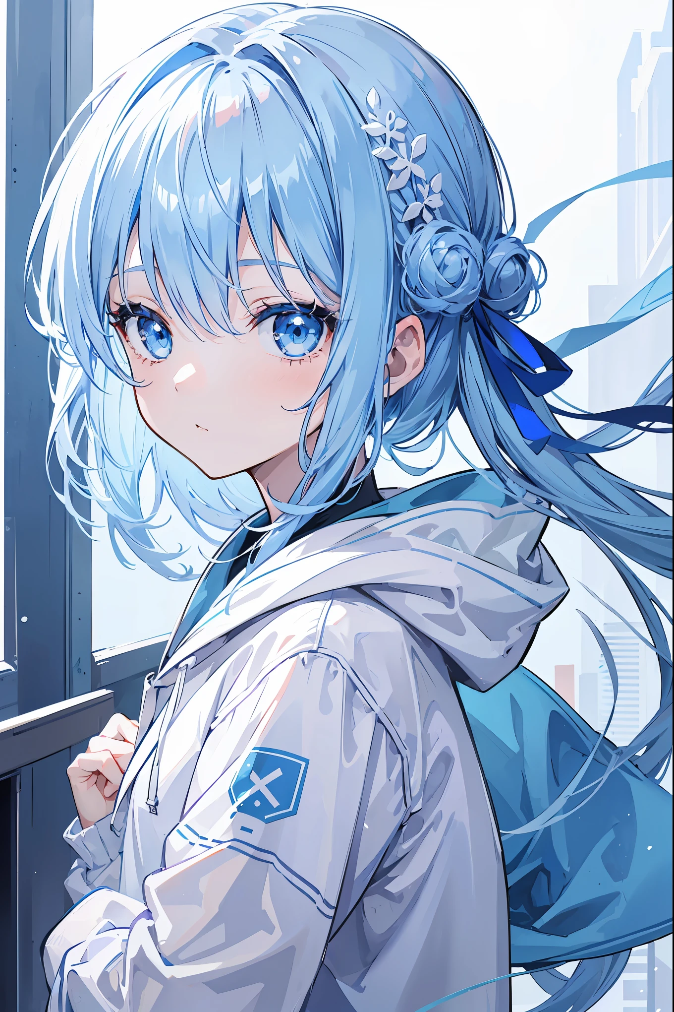 1girl,light blue hair,blue eyes,hair ribbon,blue and white hoodie,winter,looking at viewer,profile picture, Eye-Level Shot