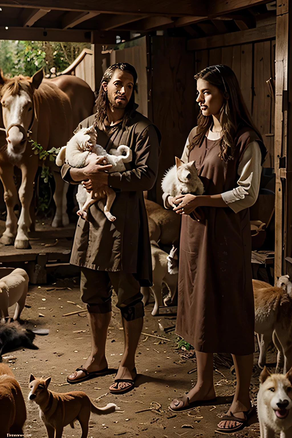 realistic image of Noah, um profeta, and his family taking care of the animals