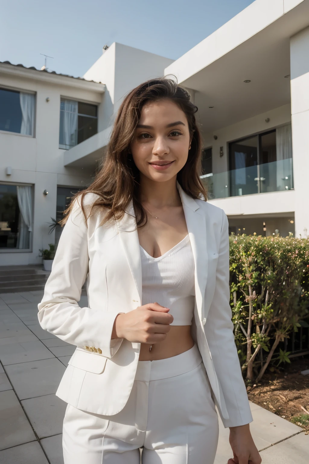Image of a beautiful and sensual 23-year-old girl without strabismus with hair combed in two braids wearing tight white cotton pants and a white cotton jacket, who is standing smiling outside an elegant event hall on a summer morning