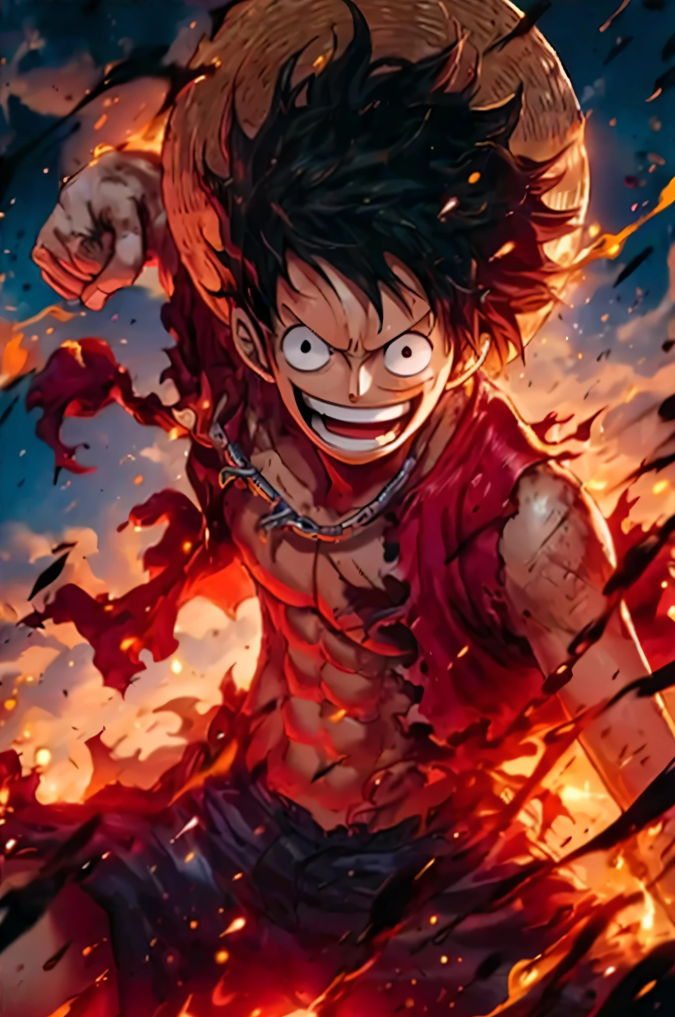 a cartoon image of a man with a hat on and a fire in the air, monkey d. luffy, monkey d luffy, luffy, luffy (one piece, badass anime 8 k, luffy gear 5, anime epic artwork, anime wallpaper 4k, anime wallpaper 4 k, portrait of luffy from one piece, one piece artstyle, 4 k manga wallpaper