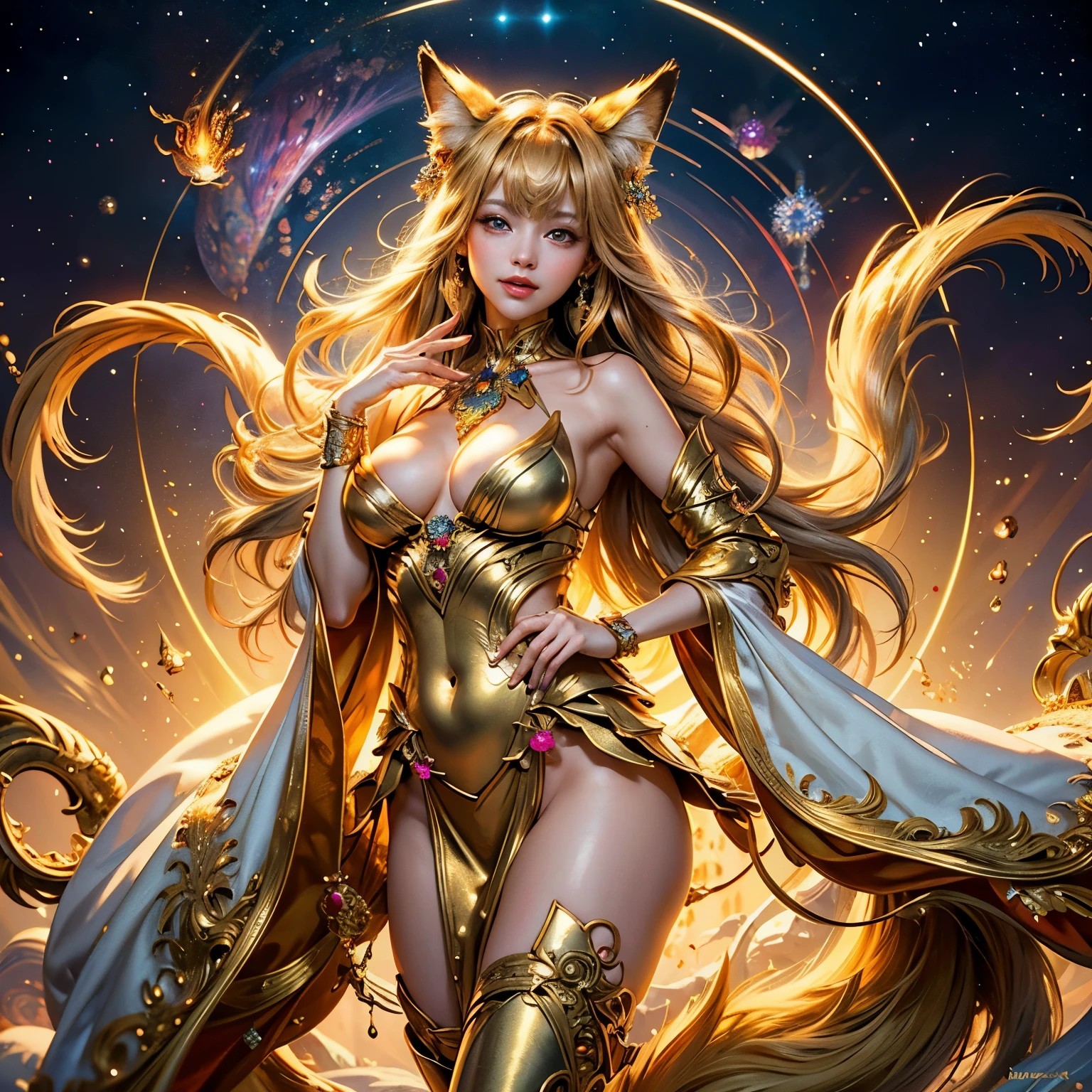 (masterpiece、highest quality、highest quality、official art、beautiful beautiful:1.2)、(1 girl)、very detailed、(fractal art:1.3)、colorful、most detailed　soft smile　big breasts　soft expression　laughter　Gold Nine Tail　Fox　big breasts　Flashy　Gold background　Happy　very bright　There&#39;s gold There　There&#39;s gold There　facing the front　Bangs are parting　my hands are tired