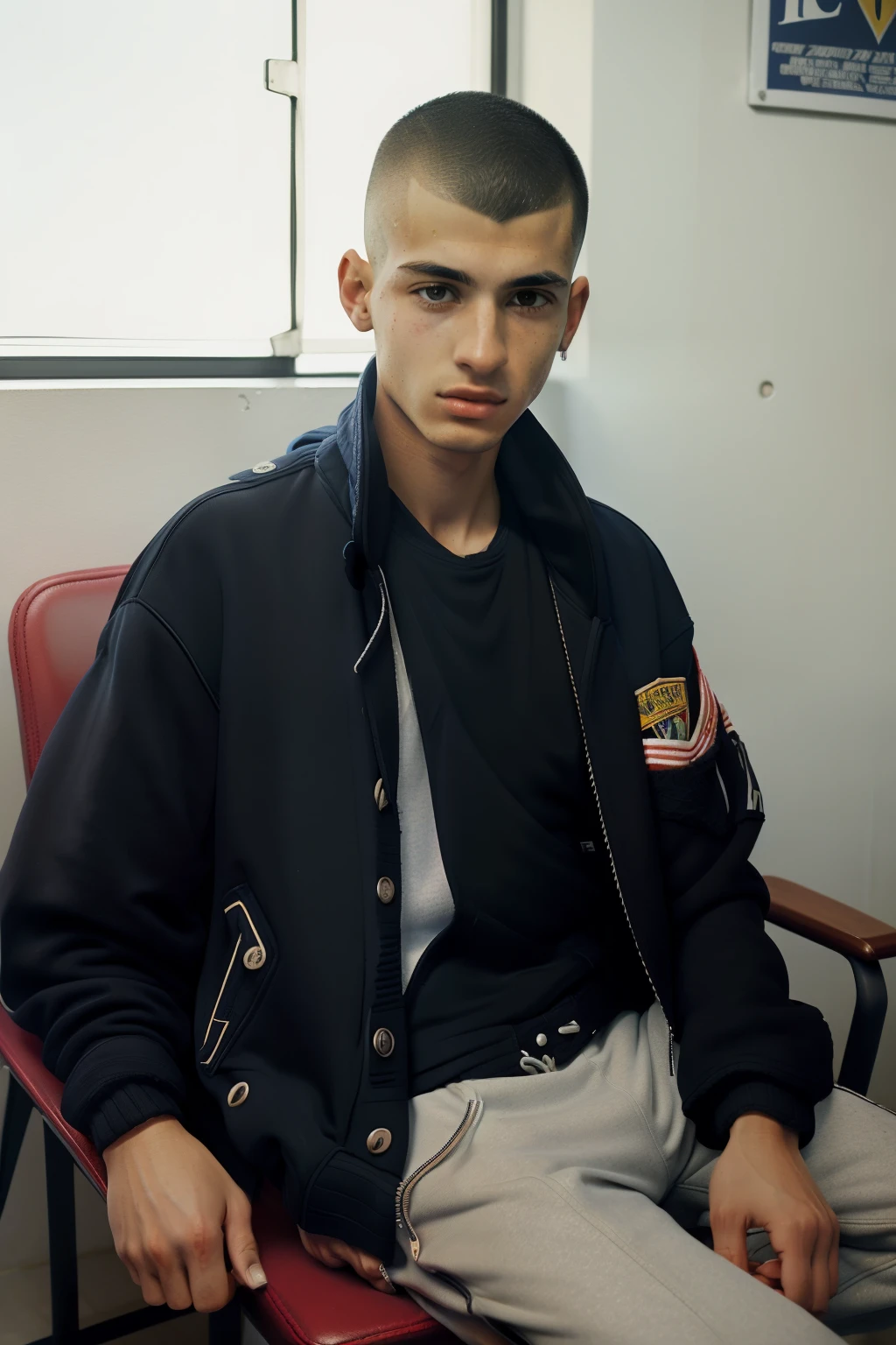 Huelva, Spain, 2002. ((((17-year-old)) Lorenzo)), pale, skinny, sharp facial features, in a police station, sitting on a chair, drunk, bloody nose, bruised, black eye. ((((casual clothings from the 2000s, black sweat jacket)))), ((buzz cut hair))
