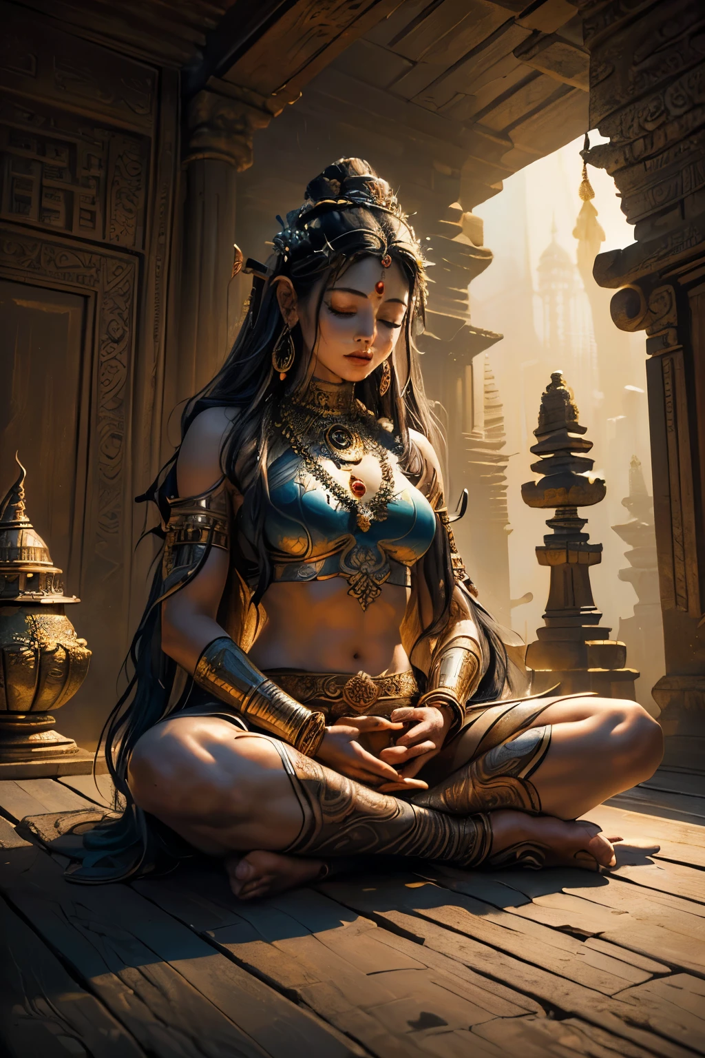 Blue Complexion: Depict Lord Krishna with a deep blue complexion, symbolizing his divine nature. Experiment with different shades of blue to find the right balance and tone.
Expressive Eyes: Emphasize Lord Krishna's eyes, making them large, expressive, and captivating. Use subtle detailing and shading to bring out the depth and radiance.
Ornate Attire: Dress Lord Krishna in vibrant and intricately designed clothing. Experiment with richly patterned silk fabrics, ornate borders, and embroidery to add visual interest and a sense of grandeur.
Peacock Feather Crown: Include a peacock feather crown on Lord Krishna's head, with each feather delicately rendered. The feathers should fan out gracefully, symbolizing his connection with nature and divine beauty.
Joyful Expression: Capture Lord Krishna's joyful and enchanting smile, which radiates warmth and happiness. Pay attention to the subtle curvature of his lips and the playfulness in his expression.
Flute-playing Pose: Depict Lord Krishna in a dynamic and engaging pose, playing the flute. Experiment with different gestures and positions to capture the grace and fluidity of his movements.
Divine Accessories: Include symbolic accessories like a conch shell, a discus, a lotus, and a mace. These can be held in Lord Krishna's multiple arms, if desired, representing his divine powers and attributes.
Surrounding Elements: Consider incorporating elements from Lord Krishna's mythology, such as cows, peacocks, lotus flowers, or a pastoral landscape to enhance the narrative and evoke his divine presence.