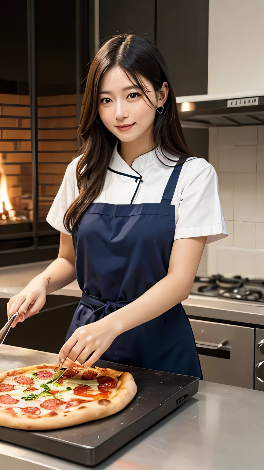 Girl baking pizza in pizza oven, chef&#39;Appearance of,