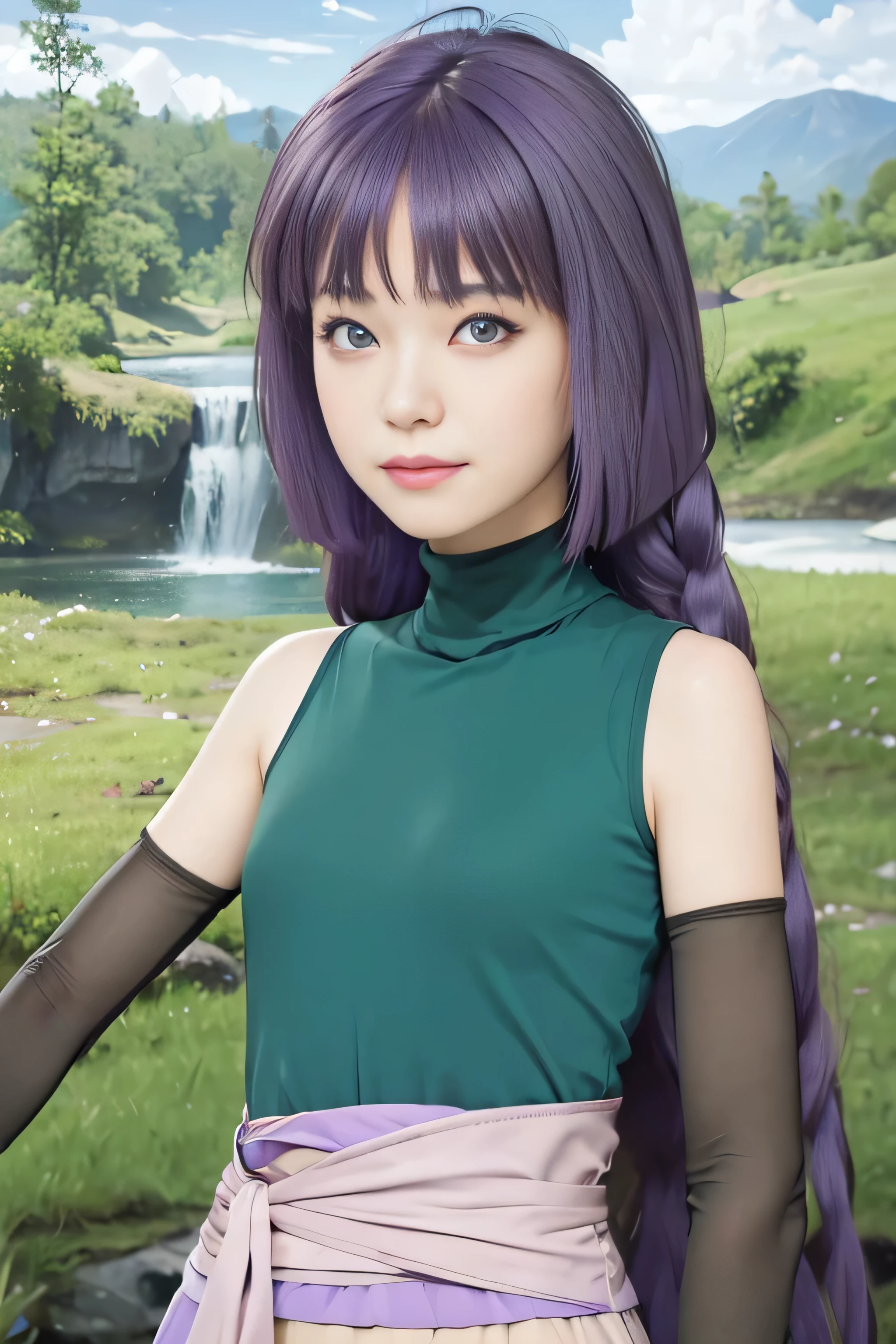 masterpiece, best quality, (realistic,photo-realistic:1.4), (RAW photo:1.2), extremely detailed CG unity 8k wallpaper, delicate and beautiful, amazing,finely detail, official art, absurdres, incredibly absurdres, huge filesize, ultra-detailed,extremely detailed eyes and face,light on face,(little smile),sumire kakei,(purple hair:1.4),long hair,river background,(wearing turtleneck:1.3)