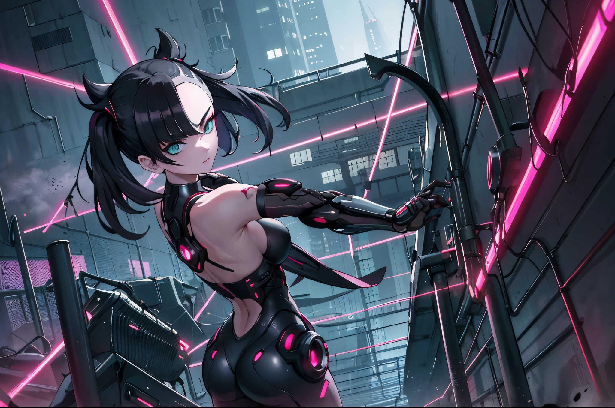 "An exquisite masterpiece of top quality and high resolution featuring Hmmarnie. Her seductive Aqua eyes are、Glowing under the dim light of the city streets at night. cyborg woman posing for a photo in the inside of an abandoned factory, cyberpunk aesthetic, cyborg woman, dark techno aesthetic, industrial goth aesthetic, intern of an abandoned factory in the background, ultra detailed, photorealistic, masterpiece."