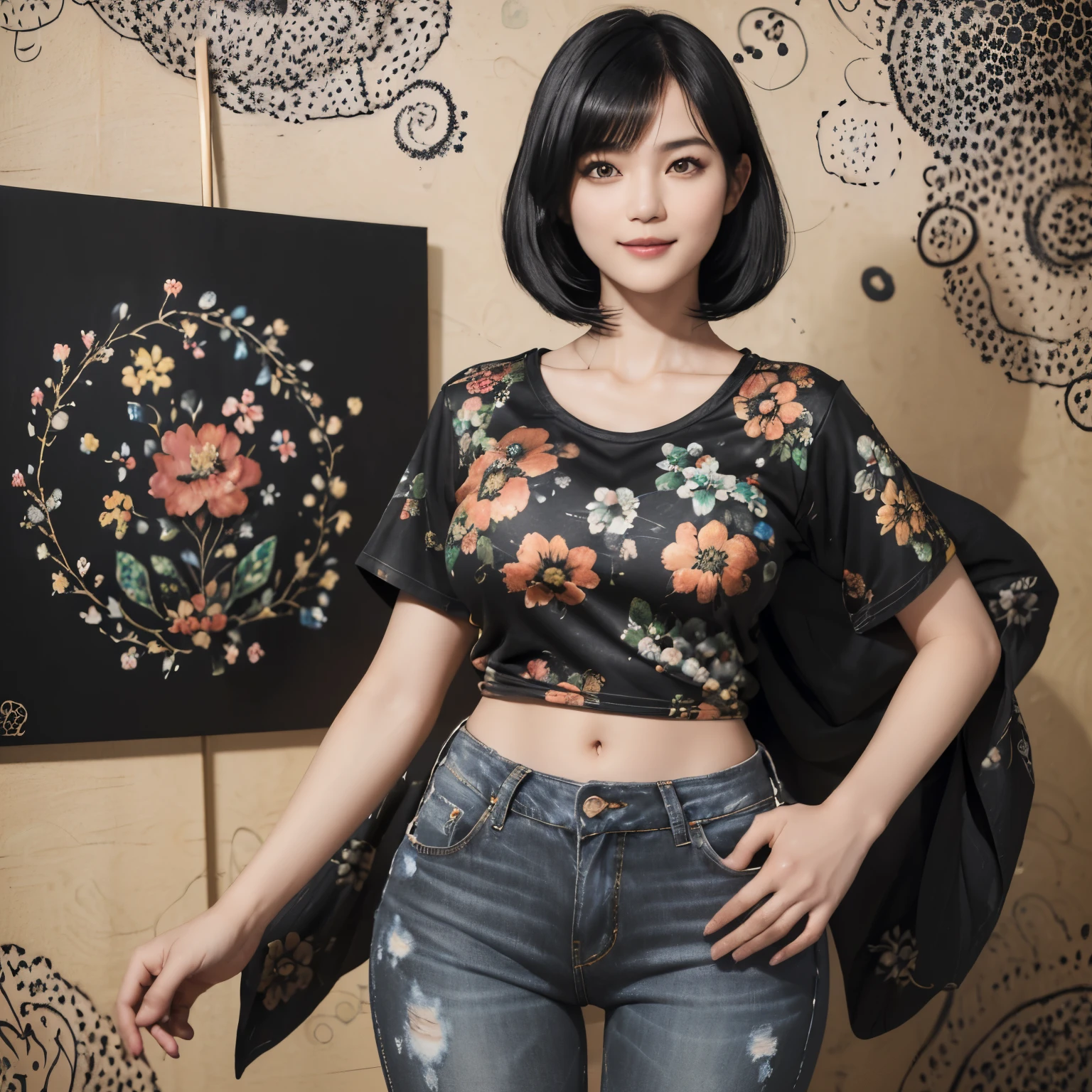 155
(Black Shorthair:1.46), (a 20 yo woman), (A hyper-realistic), (Masterpiece), (8KUHD), (gentle smile), Slender waist, Wearing jeans, ((Floral Clothing - T-Shirts)), Wearing long pants, abstract painting, (doodle:1.46), (large breasts with good shape), (口紅)