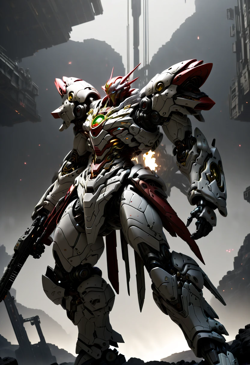 (Vision:1.8), (full-body shot:1.5), A cyborg male warrior with cybernetic enhancements stands on a futuristic battlefield，((Aim with a rifle))。His body is made of complex mechanical parts、Complex assembly of cables and gears，Symbolizing the fusion of man and machine。The environment is desolate、war-torn landscape，Shows the stark contrast between the remnants of Zeng Ming&#39;s world and the advanced technology that now dominates。The warrior&#39;s posture is focused and determined，Highlighting his readiness for battle。The details of his mechanical components are carefully designed，pistons、Wires and metal plates interlocking，formed into his awe-inspiring form。The scene is set at dusk，Cast a long shadow，Create a dramatic interplay of light and dark，Emphasizes the tension of the moment。This image captures the essence of the future warrior，Blending elements of science fiction with gritty realism ，(Eyes looking directly at the audience:1.5)