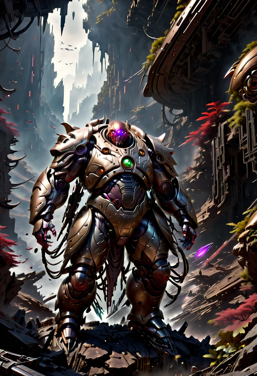 (Vision:1.8), (full-body shot:1.5), A cyborg male warrior with cybernetic enhancements stands on a futuristic battlefield，((Aim with a rifle))。His body is made of complex mechanical parts、Complex assembly of cables and gears，Symbolizing the fusion of man and machine。The environment is desolate、war-torn landscape，Shows the stark contrast between the remnants of Zeng Ming&#39;s world and the advanced technology that now dominates。The warrior&#39;s posture is focused and determined，Highlighting his readiness for battle。The details of his mechanical components are carefully designed，pistons、Wires and metal plates interlocking，formed into his awe-inspiring form。The scene is set at dusk，Cast a long shadow，Create a dramatic interplay of light and dark，Emphasizes the tension of the moment。This image captures the essence of the future warrior，Blending elements of science fiction with gritty realism ，(Eyes looking directly at the audience:1.5)