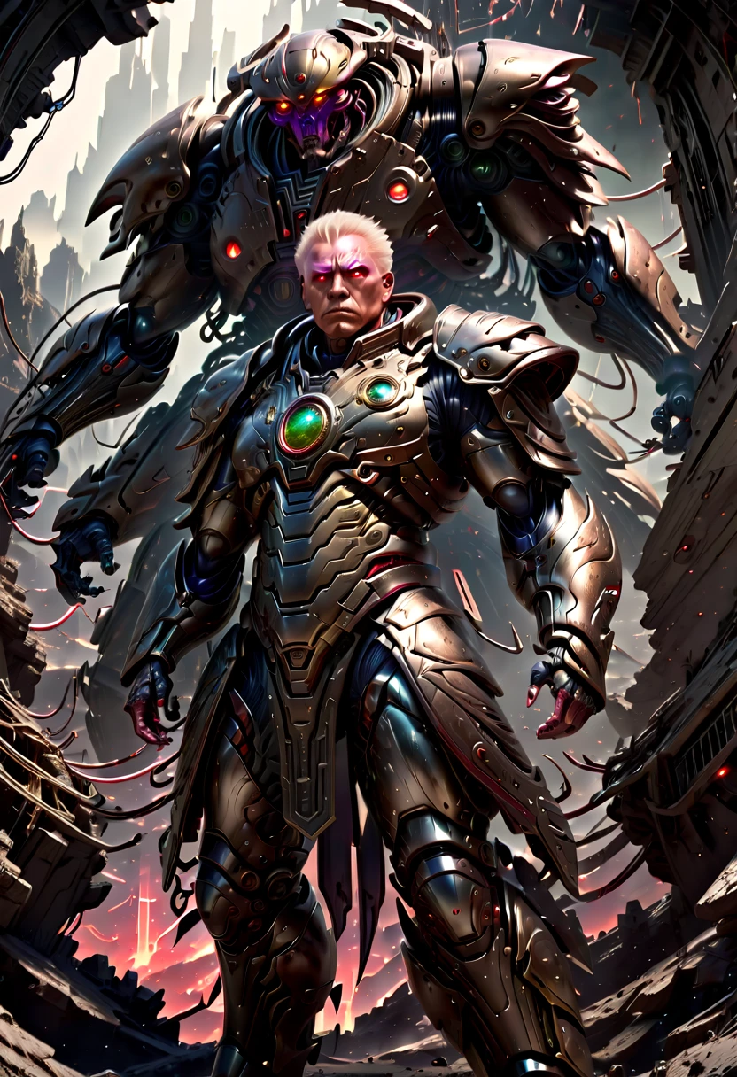 (Vision:1.8), (full-body shot:1.5), A cyborg male warrior with cybernetic enhancements stands on a futuristic battlefield，((Aim with a rifle))。His body is made of complex mechanical parts、Complex assembly of cables and gears，Symbolizing the fusion of man and machine。The environment is desolate、war-torn landscape，Shows the stark contrast between the remnants of Zeng Ming&#39;s world and the advanced technology that now dominates。The warrior&#39;s posture is focused and determined，Highlighting his readiness for battle。The details of his mechanical components are carefully designed，pistons、Wires and metal plates interlocking，formed into his awe-inspiring form。The scene is set at dusk，Cast a long shadow，Create a dramatic interplay of light and dark，Emphasizes the tension of the moment。This image captures the essence of the future warrior，Blending elements of science fiction with gritty realism ，(Eyes looking directly at the audience:1.5)