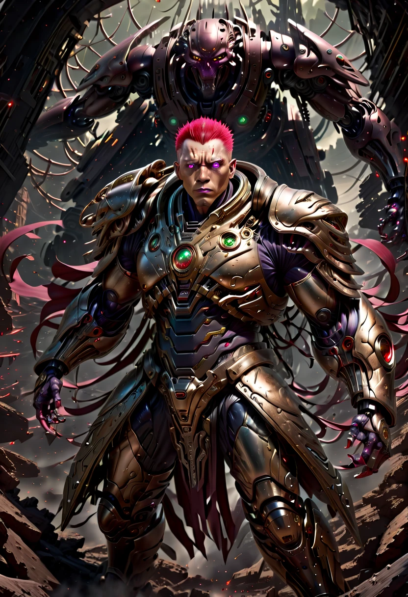 (Vision:1.8), (full-body shot:1.5), A cyborg male warrior with cybernetic enhancements stands on a futuristic battlefield，((Aim with a rifle))。His body is made of complex mechanical parts、Complex assembly of cables and gears，Symbolizing the fusion of man and machine。The environment is desolate、war-torn landscape，Shows the stark contrast between the remnants of Zeng Ming&#39;s world and the advanced technology that now dominates。The warrior&#39;s posture is focused and determined，Highlighting his readiness for battle。The details of his mechanical components are carefully designed，pistons、Wires and metal plates interlocking，formed into his awe-inspiring form。The scene is set at dusk，Cast a long shadow，Create a dramatic interplay of light and dark，Emphasizes the tension of the moment。This image captures the essence of the future warrior，Blending elements of science fiction with gritty realism ，(Eyes looking directly at the audience:1.5)