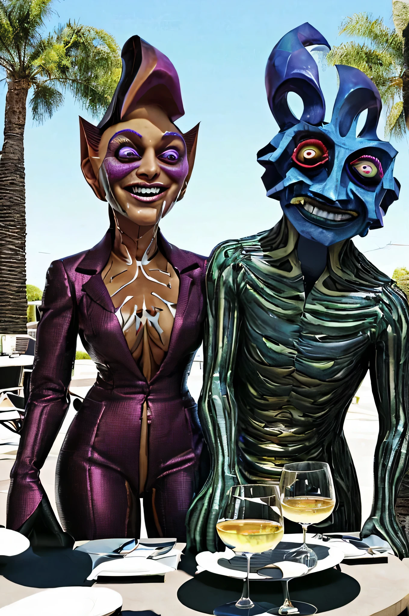 ultra-real hyper-insane stunning ultra-surreal laughing couple very well dressed happy on the restaurant, intricate pieces of cubist flesh drinking wine and emerging from within them other pieces with cubist facet bodies, bizarre and big old devices glued to the heads, bodies fused together, show entire full bodies, eating insane things, sunny beautiful background, super detailed, ultra-realistic, studio quality, 48k/HD, high contrast, hyper-realistic shadows, octane rendering, sharp focus