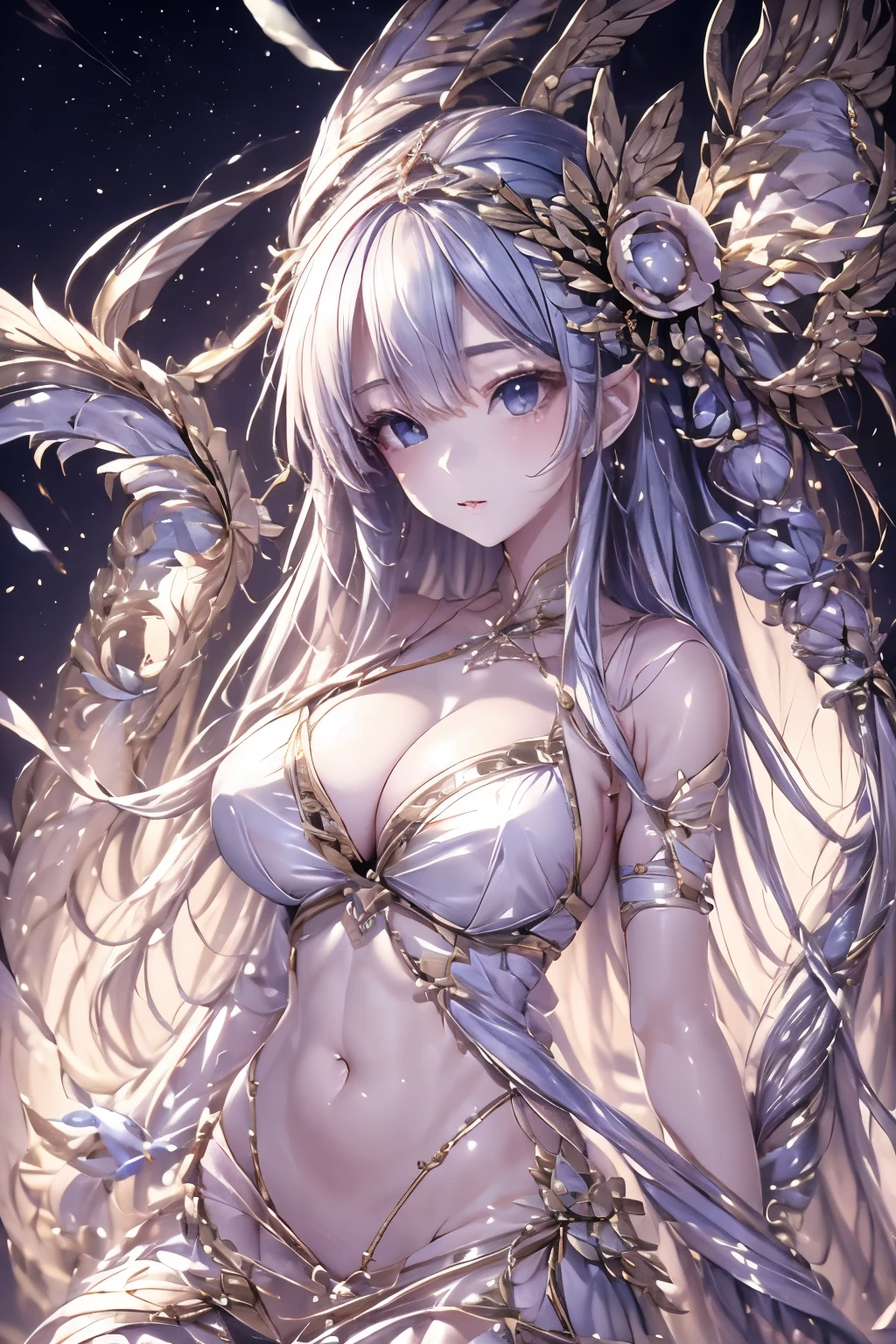 ((masterpiece、Super detailed、intricate details、high quality、clear、delicate、Accurate、An illustration))、Princess Knight （（silver hair、18-year-old、150cm、40 km、C cup、thin、thin、Have a scythe、bikini armor、leotard、cleavage exposed、Shining Tiara））、moonlight、full body figure:1.4、Overall view、wielding a scythe、View from a distance、meteor、comets、looking straight ahead