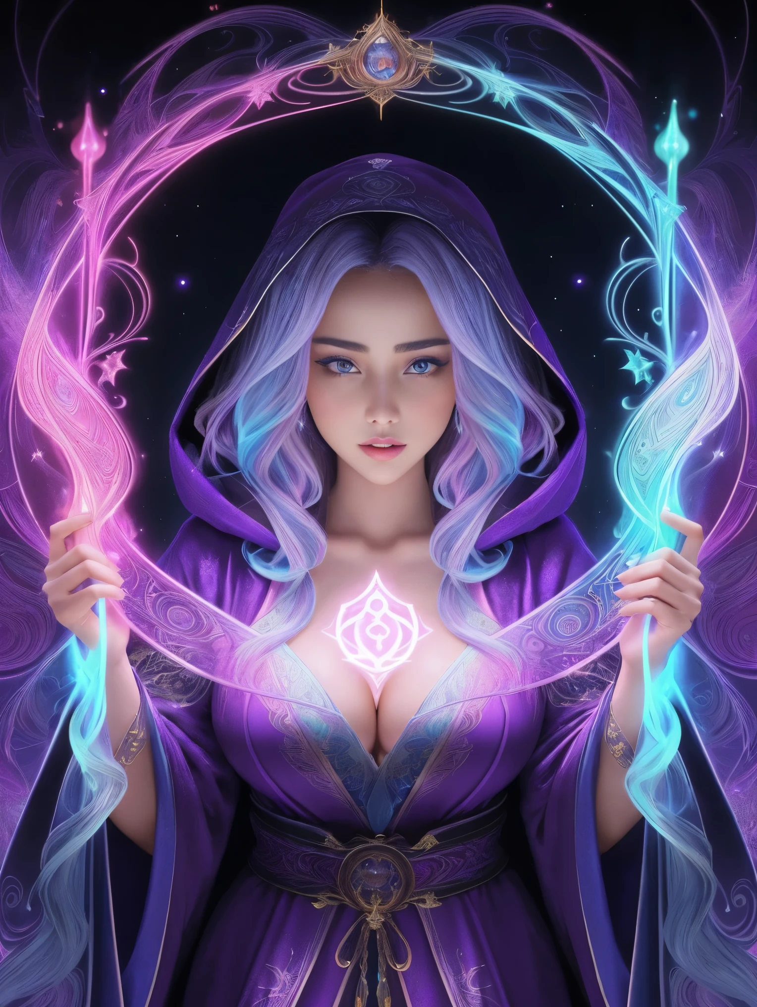 One ultra hot gorgeous (((European woman))). Age 23. She’s a playmate, men magazine model. Random color wavy hair. in a long random color fractal pattern dress with glowing arms and a hood, flowing magical robe, flowing robes, casting a multi colored spell, dark flowing robe, flowing robe, flowing magical flesh robe, ornate flowing robes, colorful robes, fantasy robe, ornate flowing robe, wearing flowing robes, cloaked woman, sorceress, a beautiful sorceress, vibrant fantasy style, ((fractal pattern background.)). Perfect anatomy, perfect hair, perfect breast, perfect body, perfect hands, perfect face, perfect eyes, accurate, anatomically correct, perfect clear and crisp focus, UHD, masterpiece, (((ultra realistic)))