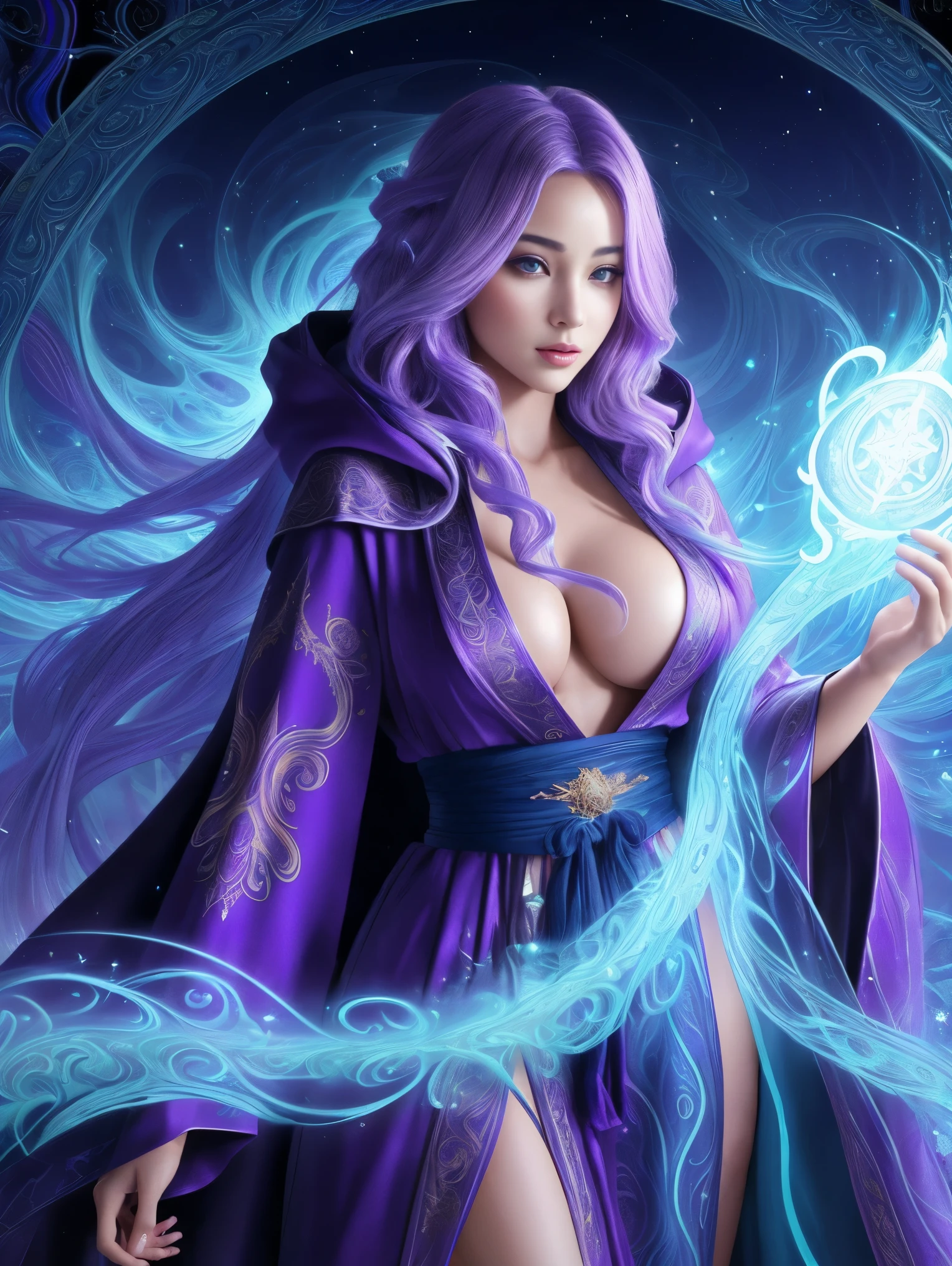 One ultra hot gorgeous (((European woman))). Age 23. She’s a playmate, men magazine model. Random color wavy hair. in a long random color fractal pattern dress with glowing arms and a hood, flowing magical robe, flowing robes, casting a multi colored spell, dark flowing robe, flowing robe, flowing magical flesh robe, ornate flowing robes, colorful robes, fantasy robe, ornate flowing robe, wearing flowing robes, cloaked woman, sorceress, a beautiful sorceress, vibrant fantasy style, ((fractal pattern background.)). Perfect anatomy, perfect hair, perfect breast, perfect body, perfect hands, perfect face, perfect eyes, accurate, anatomically correct, perfect clear and crisp focus, UHD, masterpiece, (((ultra realistic)))