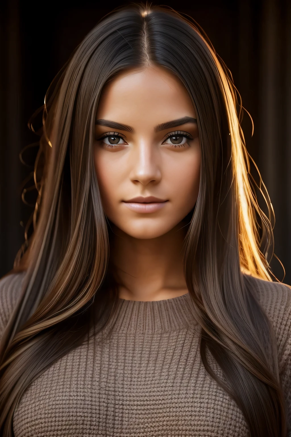 Photograph of a beautiful girl, wear an autumn sweater, long hair on one side, buste lourd 36DD, Look into the camera, eyes symmetrical, symmetrical face, photoreallistic, photographie, Path layout, specular lighting, Volumetric facial light, Hair path, Ombres visibles, complexe, elaborate