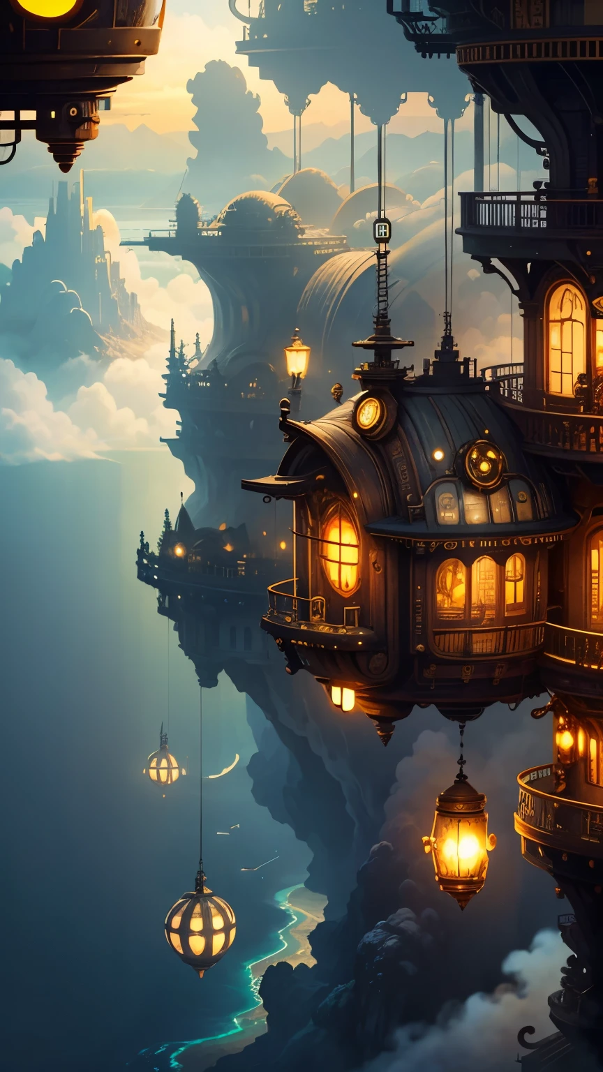 steampunkai。View of the sea of clouds from the railing of the outer passageway of the steampunk floating city。