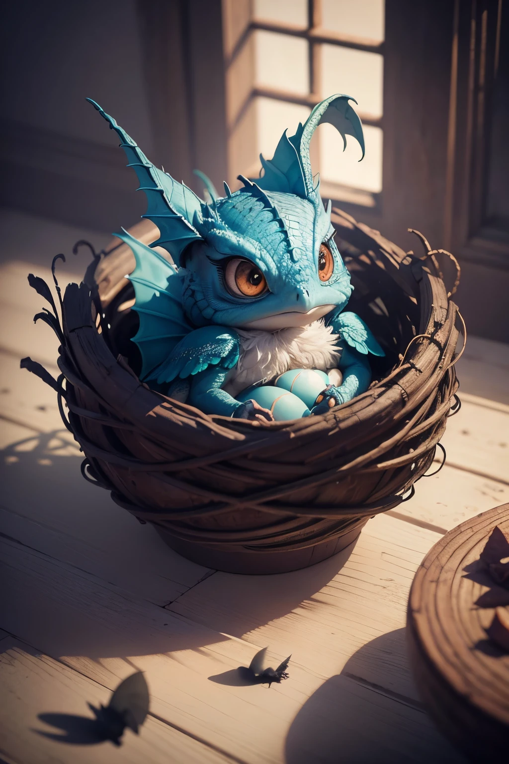 In the enchanting realm of a Tim Burton fantasy, a charming and adorable winged dragon hatchling resides in its nest, surrounded by the remnants of its broken eggs. The hatchling, with its irresistible charm and captivating appearance, showcases a vibrant, scale-textured body that shines under the natural light.
As you gaze upon this wondrous creature, captured in full body by the skilled hand of a Canon EOS R camera, you'll be immersed in a cinematic photography experience. The film-like texture and hyper-real detail of this exquisite UHD image are a testament to the artist's master