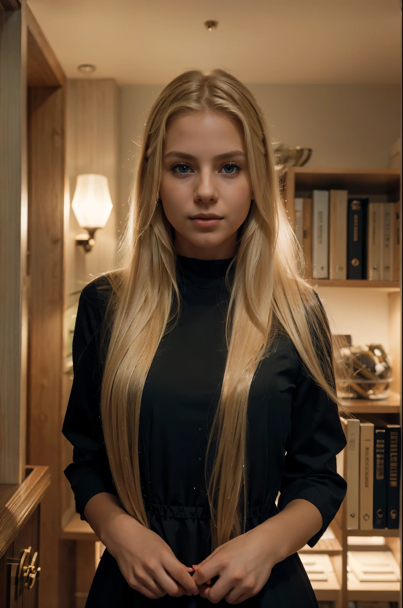 (best quality,realistic:1.2),ultra-detailed,blue-eyed,blonde Scandinavia girl,(very long blonde hair, flowing blonde hair),(With a sexy black dress),(front view,full frontal view),(youthful,attractive,beautiful),(serene expression),(smooth skin),(delicate features),(soft lighting),(calm ambiance),(subtle shadows),(high resolution),library background,vivid colors,shot on Hasselblad