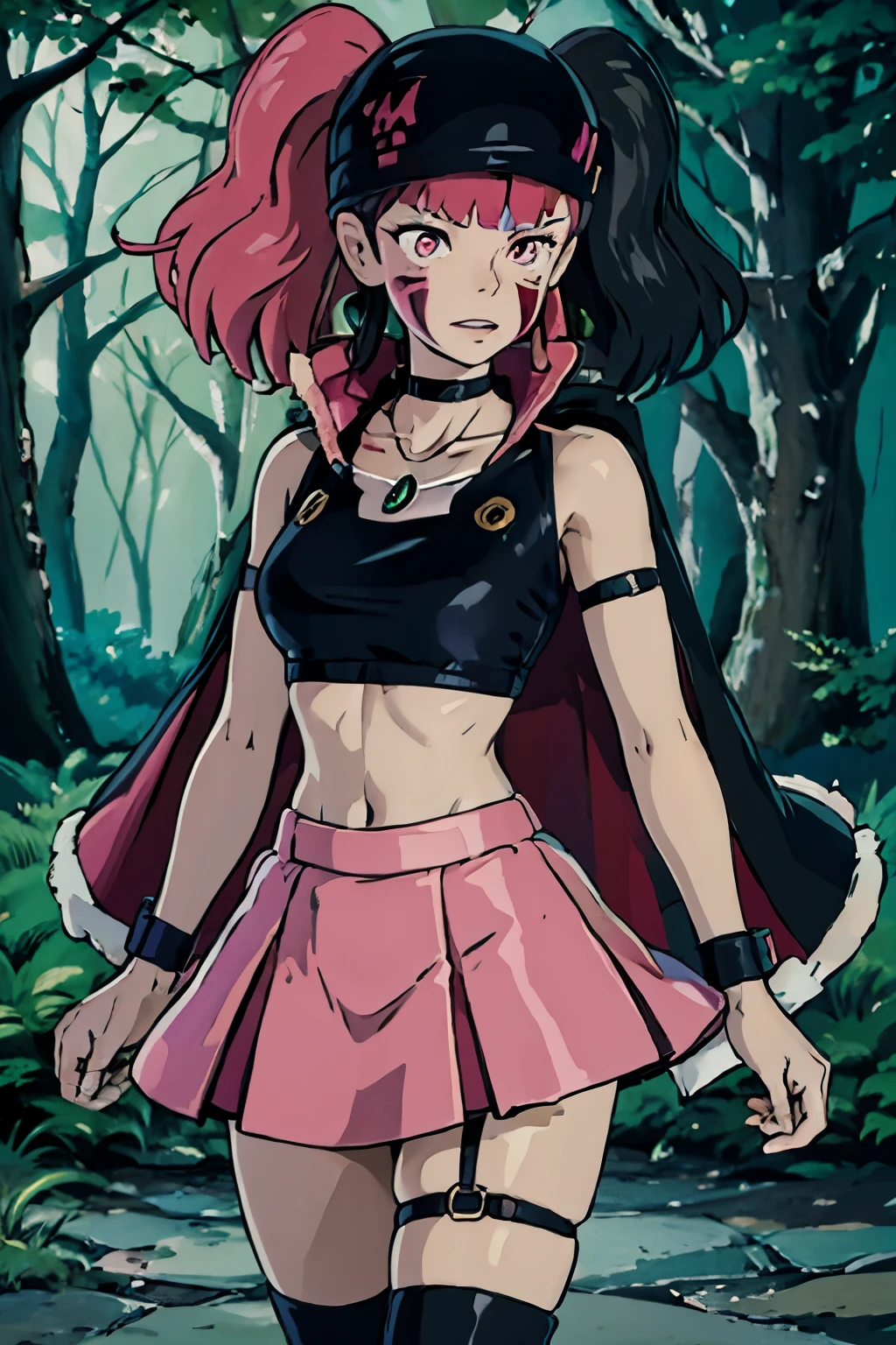 ghibli style, zoe,
1girl, armlet, bangs, black hair, black undershirt, breasts, cape, circlet, earrings, facepaint, floating hair, forest, fur cape, green eyes, jewelry, looking at viewer, medium breasts, nature, necklace, outdoors, parted bangs, shirt, short hair, sleeveless, sleeveless shirt, solo, tooth necklace, tree, upper body, white shirt
, ((masterpiece)),twintails, pink hair, skirt, thighhighs, jacket, hat, multicolored hair, boots, breasts, crop top, single thighhigh, black jacket, jewelry, cropped jacket, asymmetrical legwear, pink eyes, midriff, black footwear, choker, long hair, torn clothes, black hair, striped, full body, necklace, thigh strap, socks, pink skirt, black skirt, charm, black fingernails, nail polish