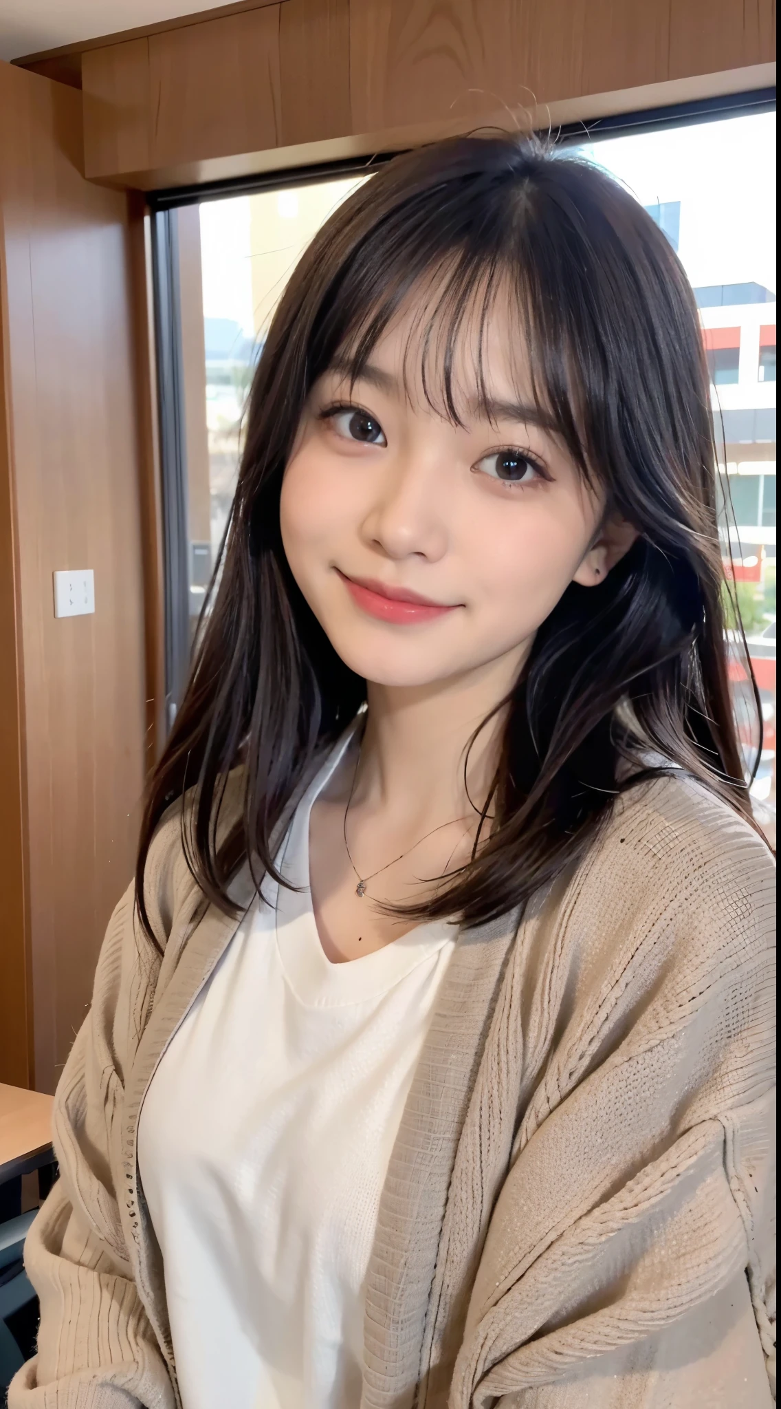 (close up shot),｟smile1.6｠With bangs、black hair、long hair、２０age、 1 girl、japanese girl、logo sportswear、cardigan、、beautiful girl、well-groomed face、look at the camera、izakaya、cute、
