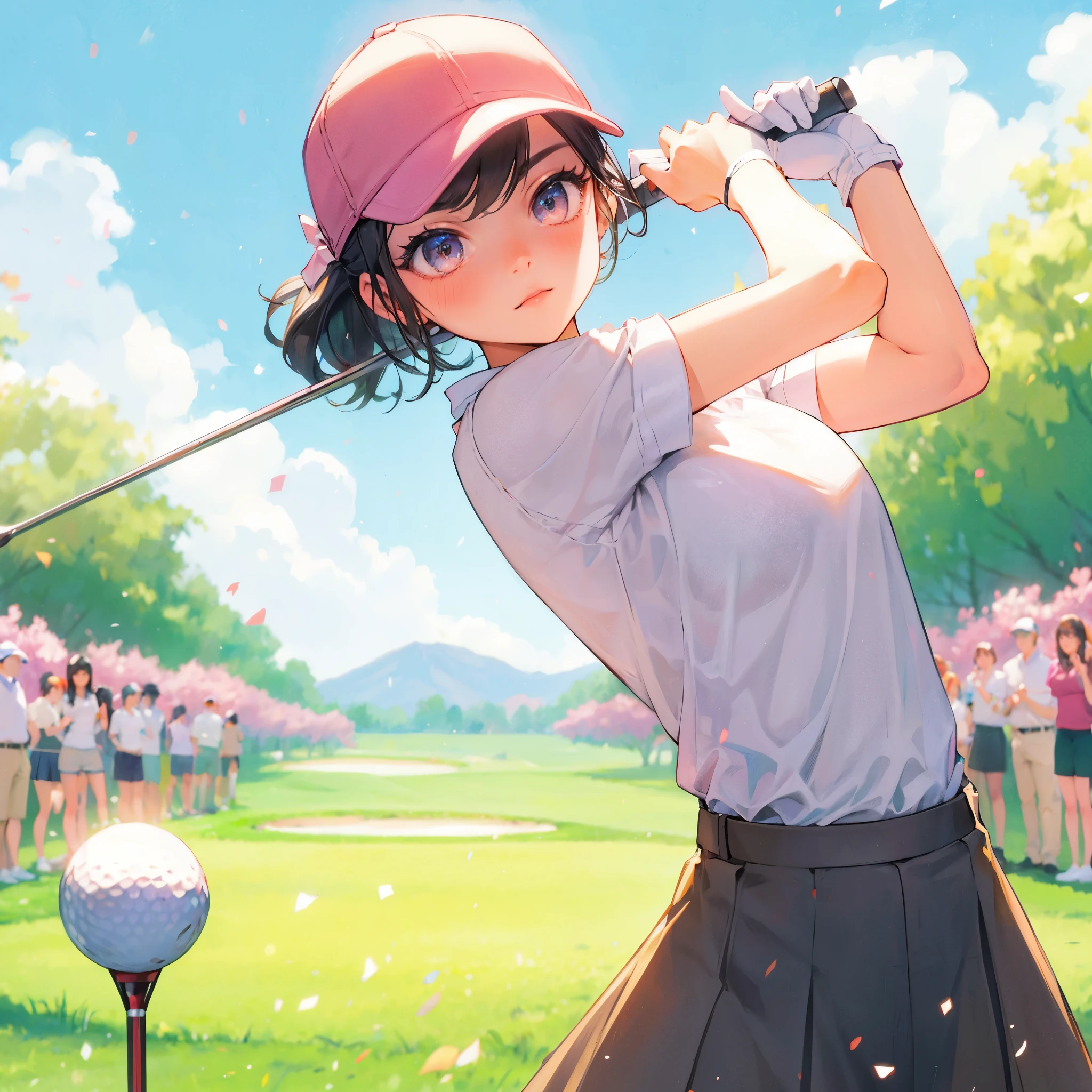 high quality,HD,16k,sharp lines,1 girl,Female golf athlete ,cute face, medium breasts, nice legs,At the golf venue,focus girl,detailed beautiful face,detailed clothes,beautiful eyes,cool,dynamic angle