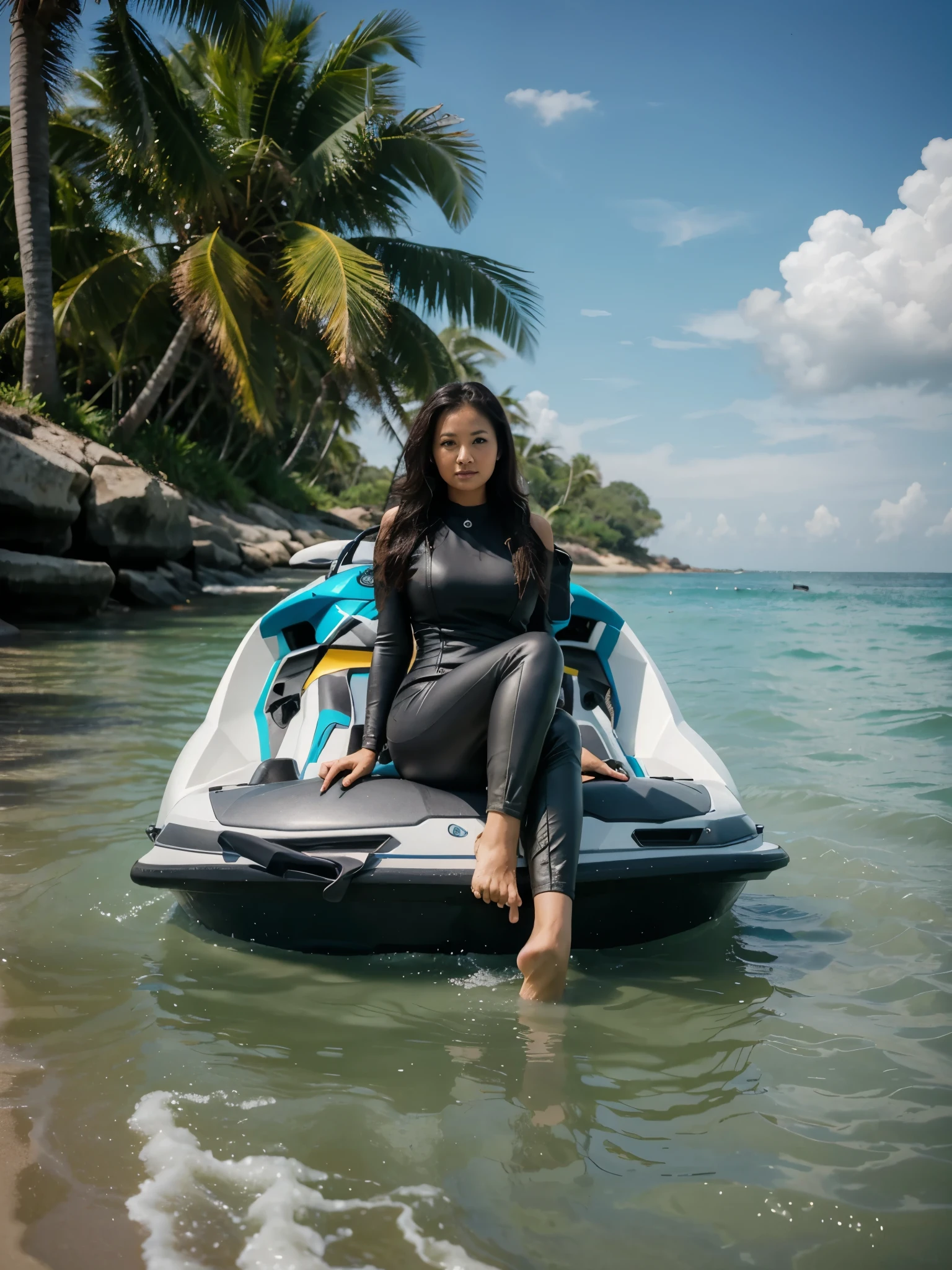 Malaysian woman, (40 years old), plump, sitting on a jetski, beach sea atmosphere, realistic, photograpy