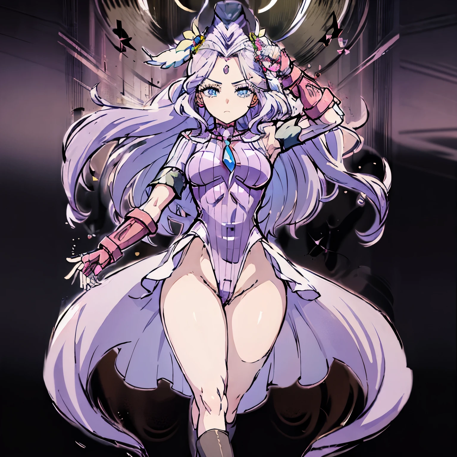 ultra-detailed, Explicit, Beautiful body, Beautiful Nose, Beautiful character design, perfect eyes, perfect face, ultra highres, 4K, beautiful legs, perfect legs, Nice hands, Perfect hand, Masterpiece, Best Quality, Highly detailed, illustration, absurdres, perfect anatomy, street fighter, doll suit, shadaloo doll, dollsuit, expressionless, blank eyes, looking at viewer, red gloves, emotionless, black latex, corrution, mind control, female combatant, full body, hypnotized, unhappy trance, full body suit, ribbed bodysuit, both arms at side, obey, perfect female body, extremely glossy latex, hypnosis, hypnoLora, empty eyes, Mind control device, poses, submissive_pose, Slave, stand up straight, standing, standing at attention, hat, necktie, belt, latex, ribbed bodysuit, thighhighs, garter belt, Fighting Stance, extending the right arm from the shoulder into the air with a straightened hand, military, thigh boots, 1girl, hair ornaments, purple hair, very long hair, blue eyes, cure earth, Healing Good Precure, from back, view from back, ass
