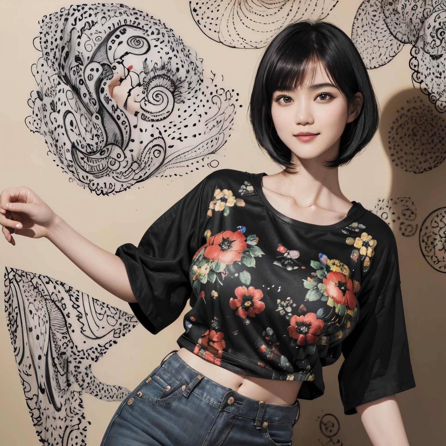 155
(Black Shorthair:1.46),  (a 20 yo woman), (A hyper-realistic), (Masterpiece), (8KUHD), (gentle smile), Slender waist, Wearing jeans, ((Floral Clothing - T-Shirts)), Wearing long pants, abstract painting, (doodle:1.46), (large breasts with good shape), (口紅)
