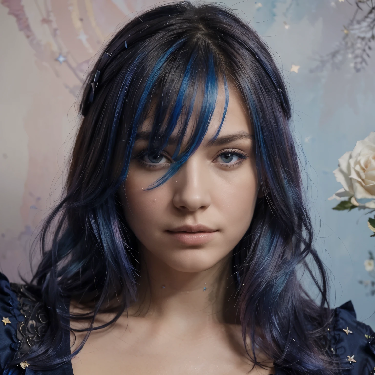 (chef-d'artwork, superior quality, best quality,eaucolor (moyen),art officiel, beautiful and aesthetic:1.2),(1fille:1.3), (Art fractal:1.3),Haut du corps, on the side, Regarder la visionneuse,motifs,(cheveux couleur arc-en-ciel,colored hair,Cheveux mi-bleus mi-roses:1.2),eau,liquide, Nuage,colored, starry,stars,