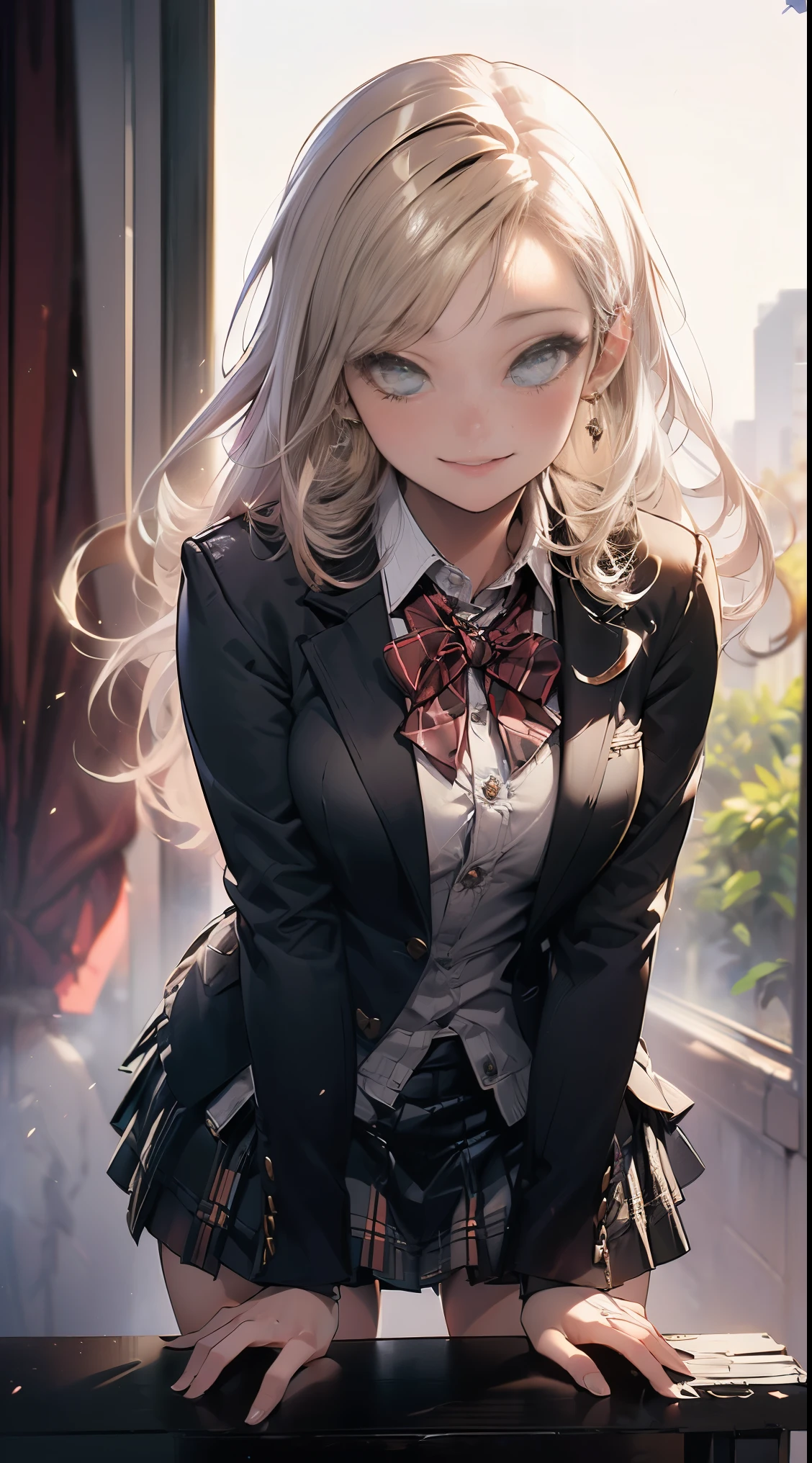 ((masterpiece, highest quality, High resolution, UHD, perfect pixel, Depth of bounds written, 4K, rtx, HDR))), 1 girl, single, alone, beautiful anime girl, beautiful art style, anime character, ((long hair, parted bangs, blonde hair)), (green eyes:1.4, round eyes, beautiful eyelashes, realistic eyes), (detailed face, blush:1.2), (smooth texture:0.75, realistic texture:0.65, realistic:1.1, Anime CG style), ((medium breasts)),, perfect body, (red bow tie, school uniform, black jacket, open jacket, Brown cardigan, white shirt), ((black skirt:1.5, plaid skirt)), ((smile)), ((leaning forward, put your hands behind your back)),erotic face、pink panties、Low - Angle、view from behind、lift up skirt