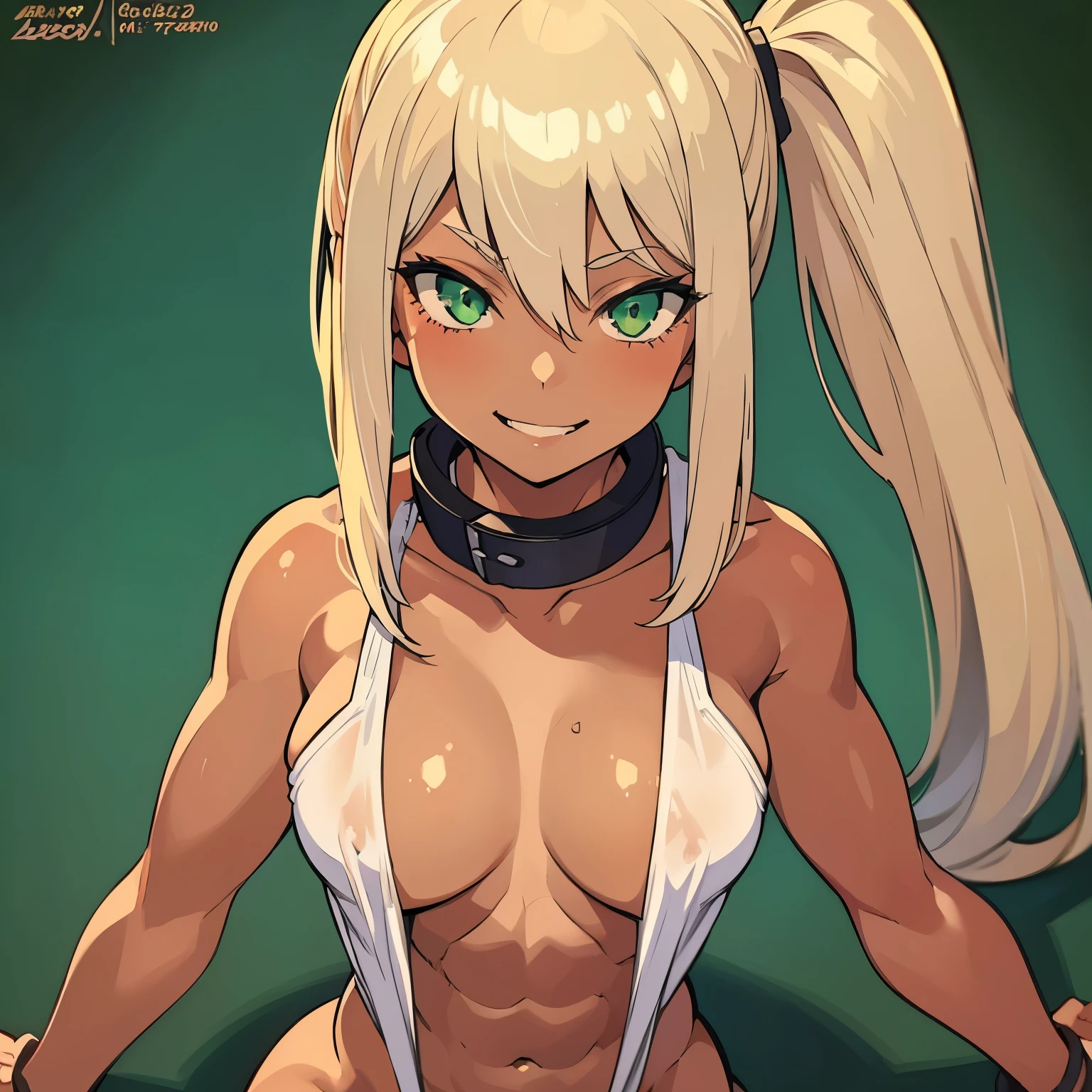 1 girl, platinum blonde, tanned body green eyes, 25 years, seductively posing, naked, evil smile, collar, Athletic body