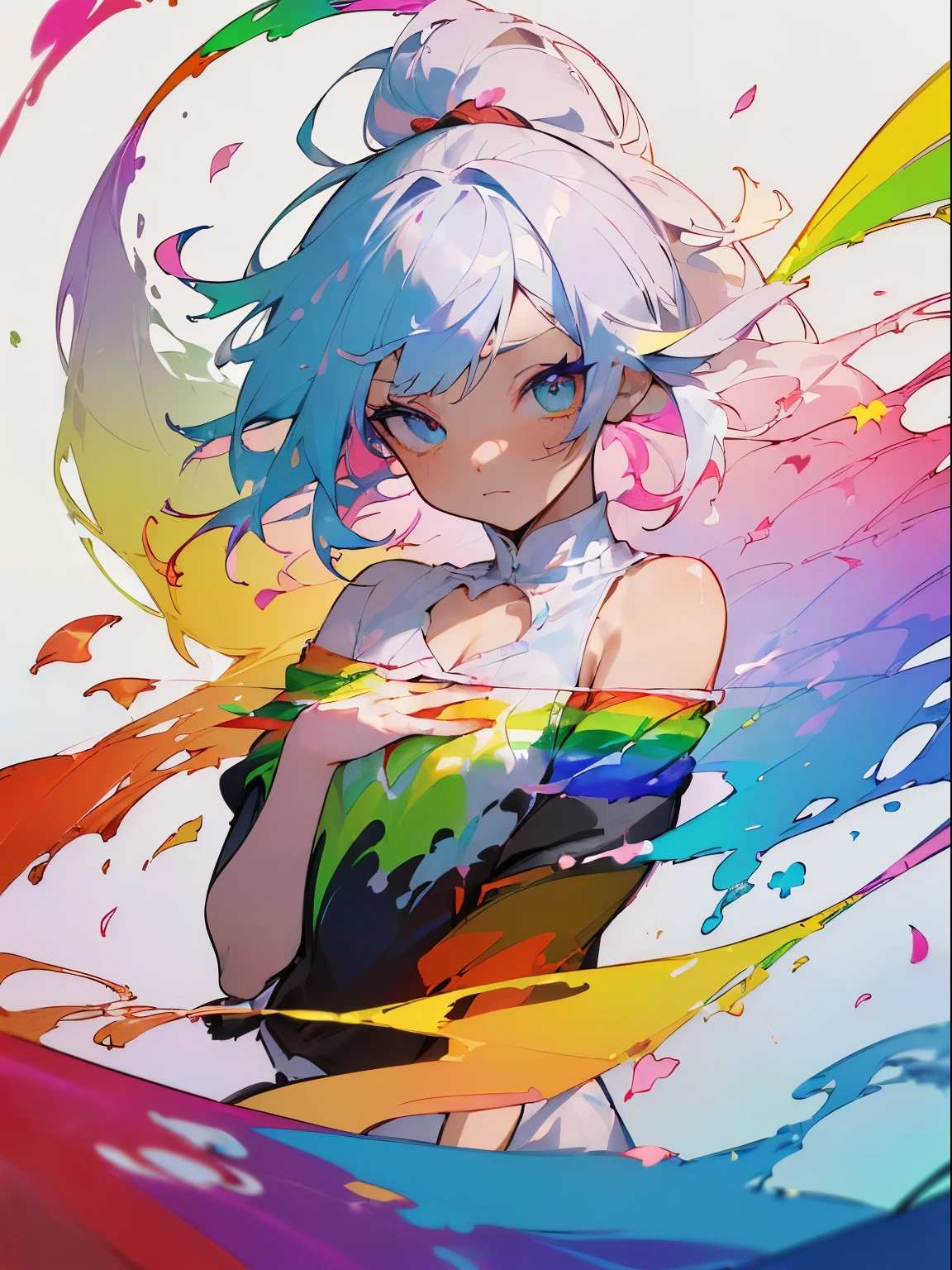 (colorful hair: 1.8), (all the colours of the rainbow: 1.8),(((((Vertical painting:1.6))), (painting:1.6),front, comics, figures, painterly, Big eyes, clear eyes,( rainbow color Slope high ponytail:1.7), Exquisite makeup, closed mouth,(Small Fresh: 1.5),(Wipe Chest: 1.6) ,long eyelashes, white off shoulder T-shirt, White shoulder shirt,look at the audience, Large watery eyes, (rainbow colored hair:1.6), カラーsplash, (alone:1.8), カラーsplash, explosion of colors, Thick paint style, Messy lines, ((shining)),(colorful), (colorful), (colorful), colorful, Thick paint style, (splash) (カラーsplash), Vertical painting, Upper body, paint splashes, Acrylic Pigment, Slope, paint, best image quality, highest quality, table top, alone, Depth of bounds written, フェイスpaint, colorfulな服, (elegant: 1.2), nice,long hair, Wind, (elegant: 1.3), (petal: 1.4),(((table top))),(((highest quality))),((super detailed)),(figure),(dynamic angle),((floating)),(paint),((messy hair)),(alone),(1 girl) , (((Detailed anima face))),((beautiful and detailed face)),collar,bare shoulders,gray hair, ((colorful hair)),((striped hair)),beautiful and fine eyes,(Gradient color eyes),(((colorful eyes))),(((colorful background))),(((high color saturation))),(((colorfulな水しぶきに囲まれている))),