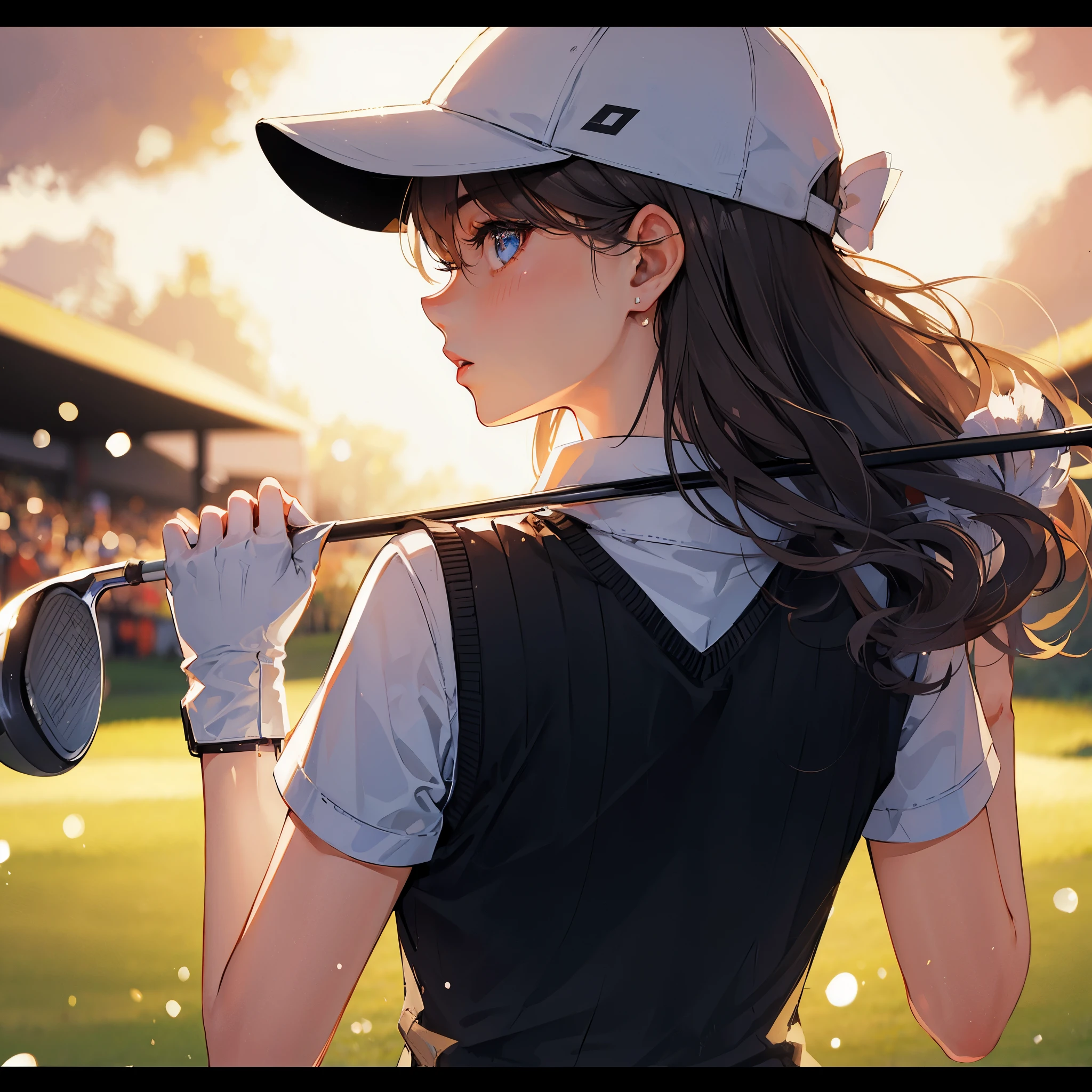 high quality,HD,16k,sharp lines,1 girl,Female golf athlete ,cute face, medium breasts, nice legs,At the golf venue,focus girl,detailed beautiful face,detailed clothes,beautiful eyes,cool,dynamic angle