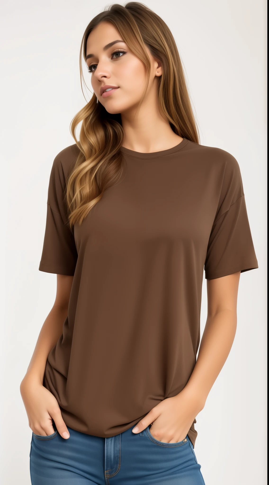a woman wearing a marrom t - camisa and jeans, marrom camisa, manga curta, marrom clothes, foto completa do produto, Siena, Jessica, marrom color, marrom colors, wearing a t-camisa, Olivia, t-camisa, t - camisa, marrom ) ), cinza, designed for a cozy aesthetic!, camisa, wearing a marrom, muted marrom, they, ritmo