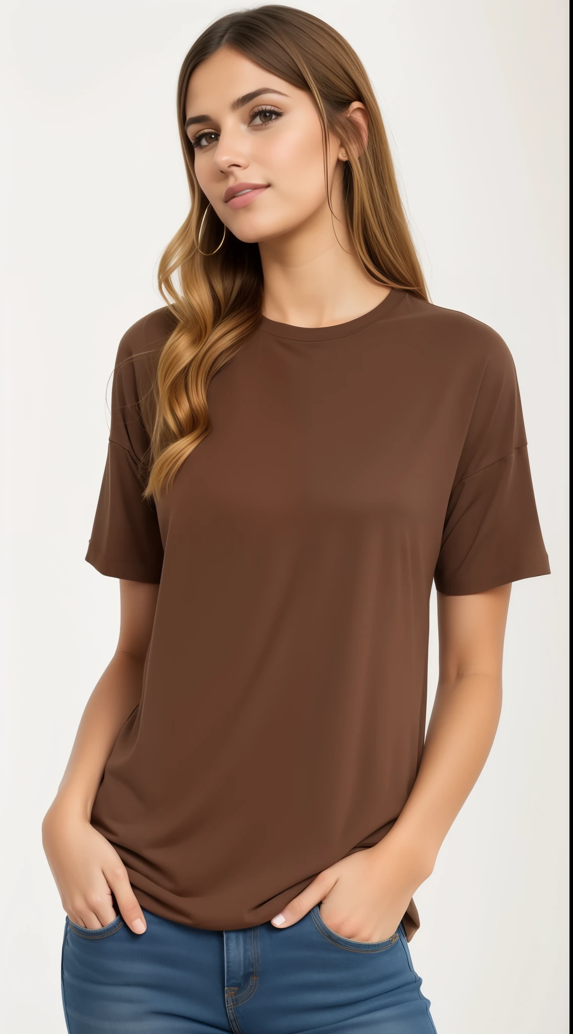 a woman wearing a marrom t - camisa and jeans, marrom camisa, manga curta, marrom clothes, foto completa do produto, Siena, Jessica, marrom color, marrom colors, wearing a t-camisa, Olivia, t-camisa, t - camisa, marrom ) ), cinza, designed for a cozy aesthetic!, camisa, wearing a marrom, muted marrom, they, ritmo