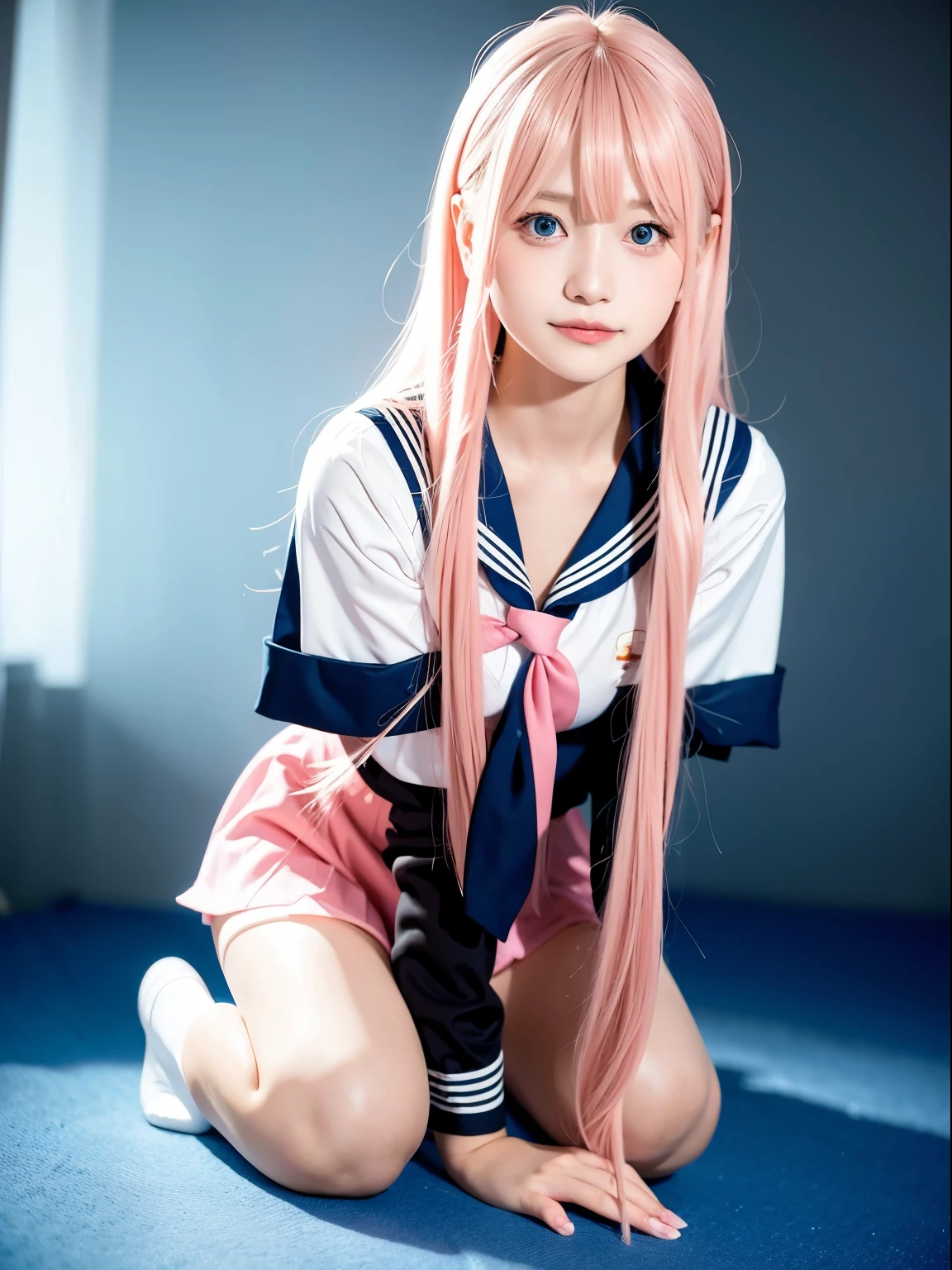 Bust shot, pink sailor suit, uniform, very beautiful Swedish 16 year old beautiful girl, shiny dazzling glossy skin, smile, beautiful bangs, very long and straight silky beautiful platinum blonde, super long straight hair, eyeliner, small face, big, beautiful shining transparent marine blue eyes, beautiful and bright girl, on all fours