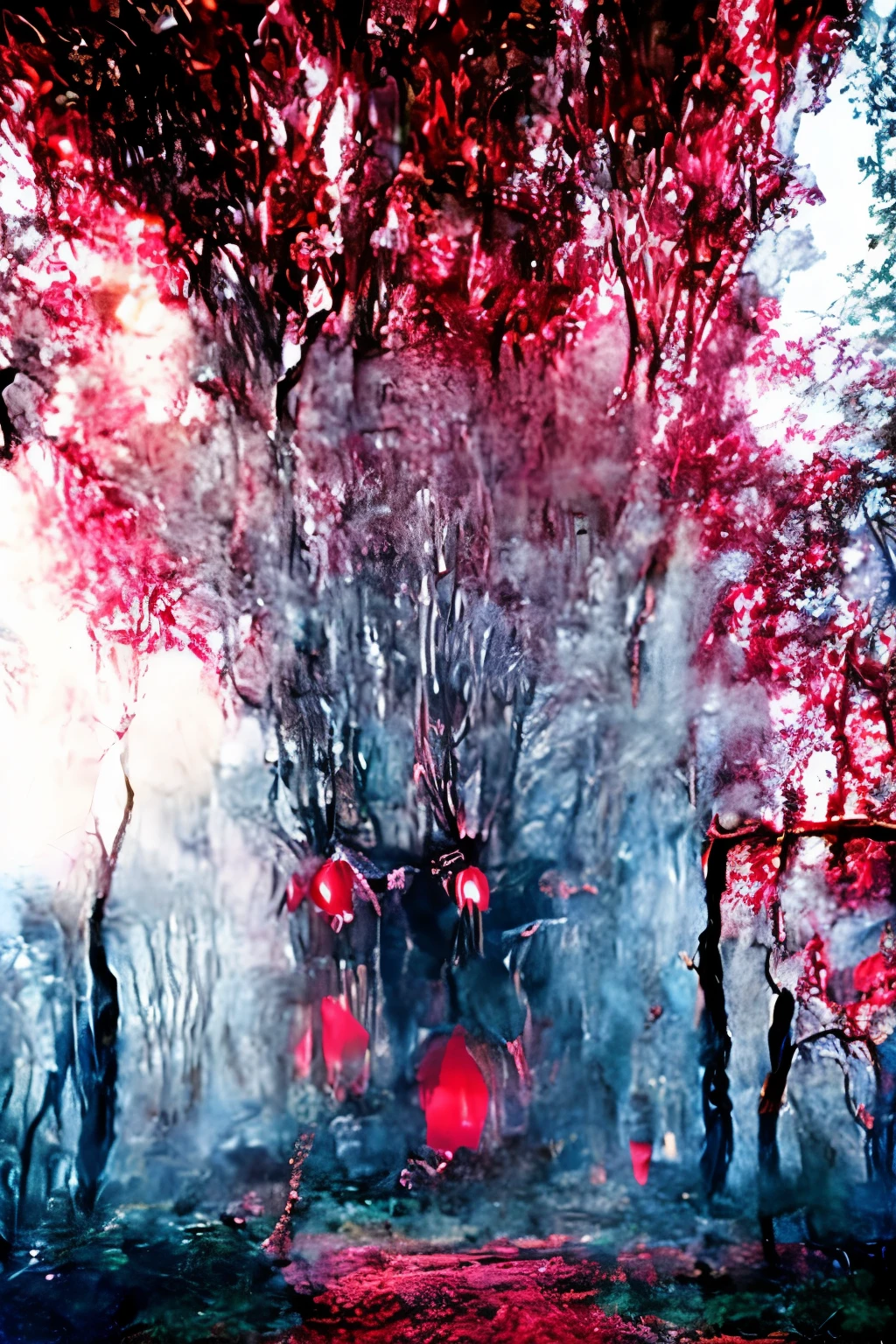 ((highest quality)), ((masterpiece)), (cinematic aesthetic:1.4) A forest full of vampire plants, a human corpse that has been turned into nutrients on the ground, and a blood-red fruit in the center of the forest.　fruit that looks like a human face