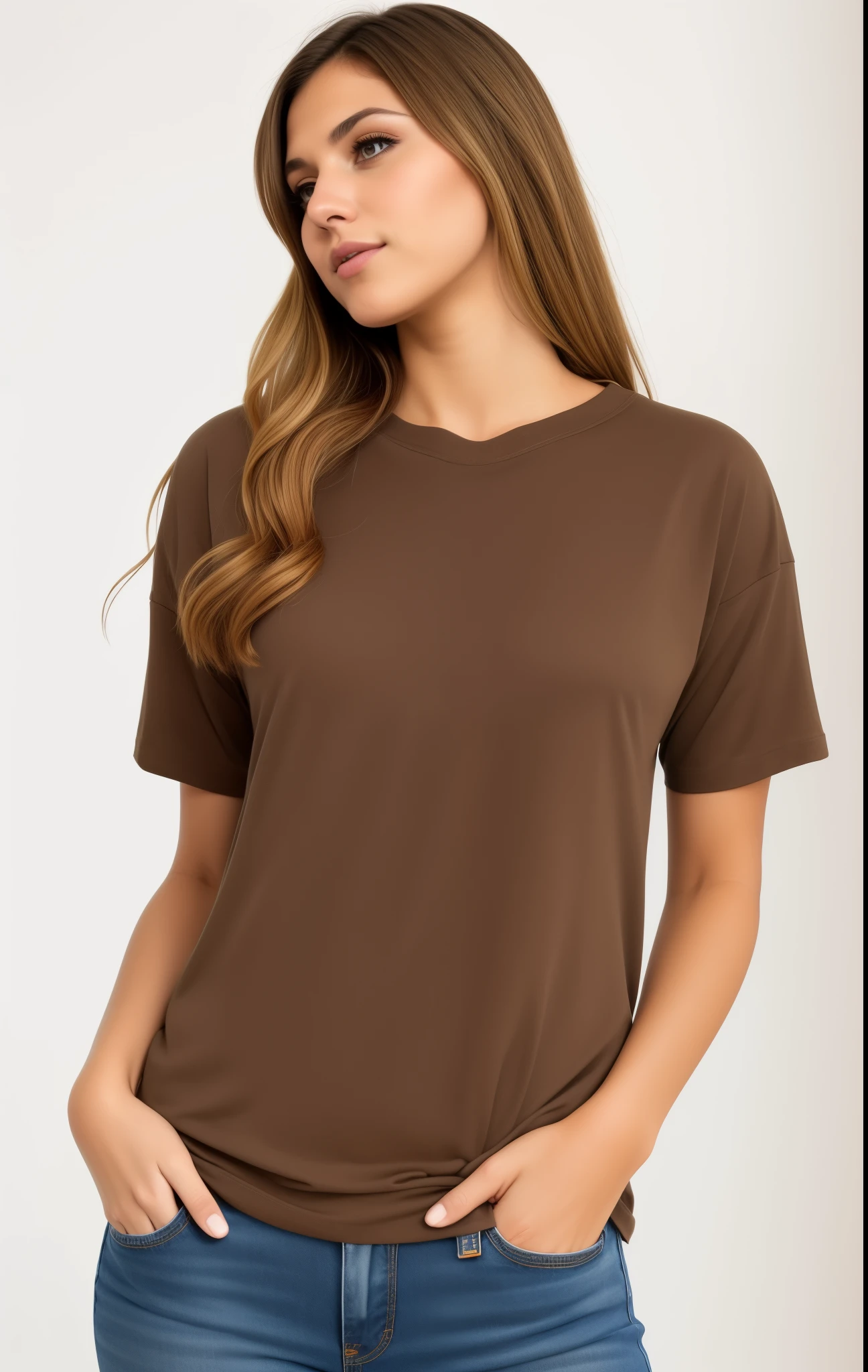 A beautiful brunette woman in an oversized beige t-shirt no print, Studiofotografie, 55mm lense, Hochdetailliertes Hautbild, attraktiv, Upper Body Only, T-Shirt-Modell, Basic-T-Shirt, ohne aufdruck