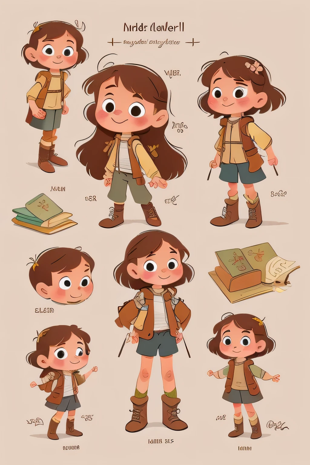 Model Sheet of a 10 year old girl adventurer, Brown hairs, hazel eyes, Brown hiking boots, children book illustration style, full colour, flat colour, no outline